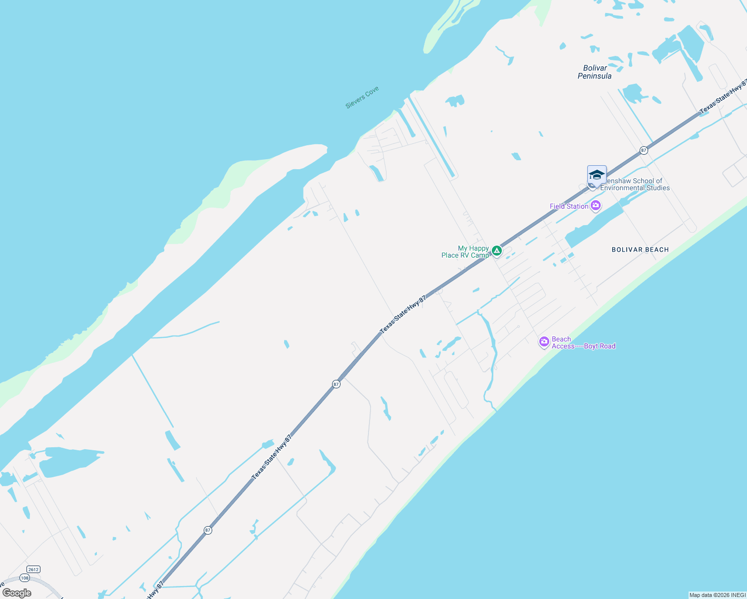 map of restaurants, bars, coffee shops, grocery stores, and more near 1023 Johnson Road in Bolivar Peninsula