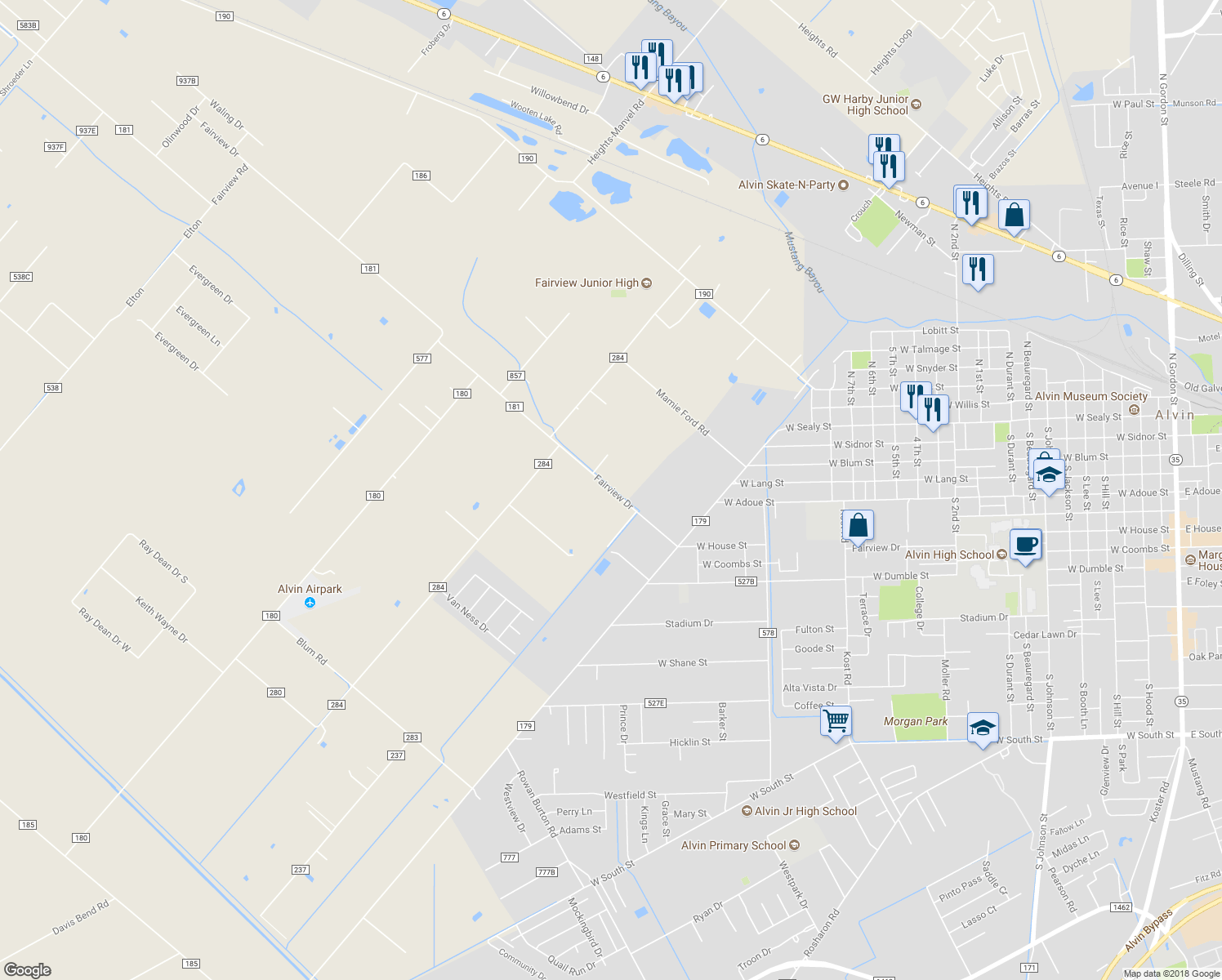 map of restaurants, bars, coffee shops, grocery stores, and more near 3153 County Road 181 in Alvin