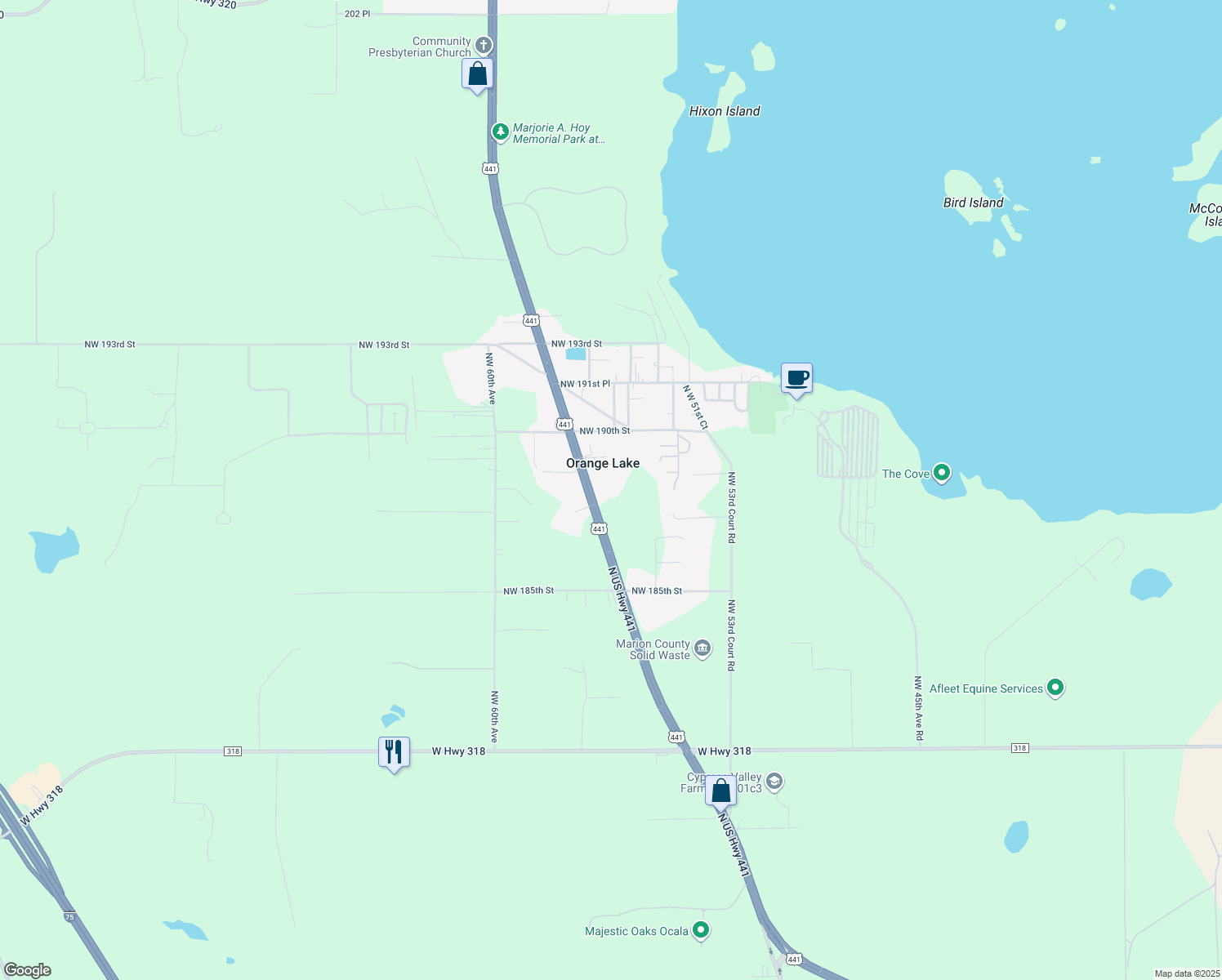 map of restaurants, bars, coffee shops, grocery stores, and more near 18845 North US Highway 441 in Reddick