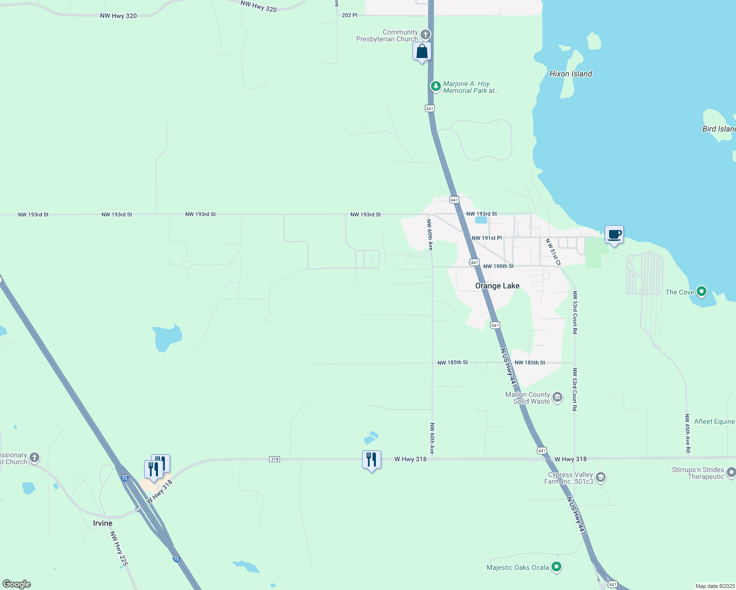 map of restaurants, bars, coffee shops, grocery stores, and more near 6500 Northwest 193rd Street in Micanopy
