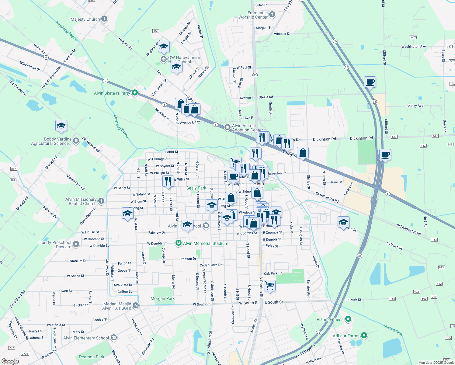 map of restaurants, bars, coffee shops, grocery stores, and more near 516 West Sealy Street in Alvin