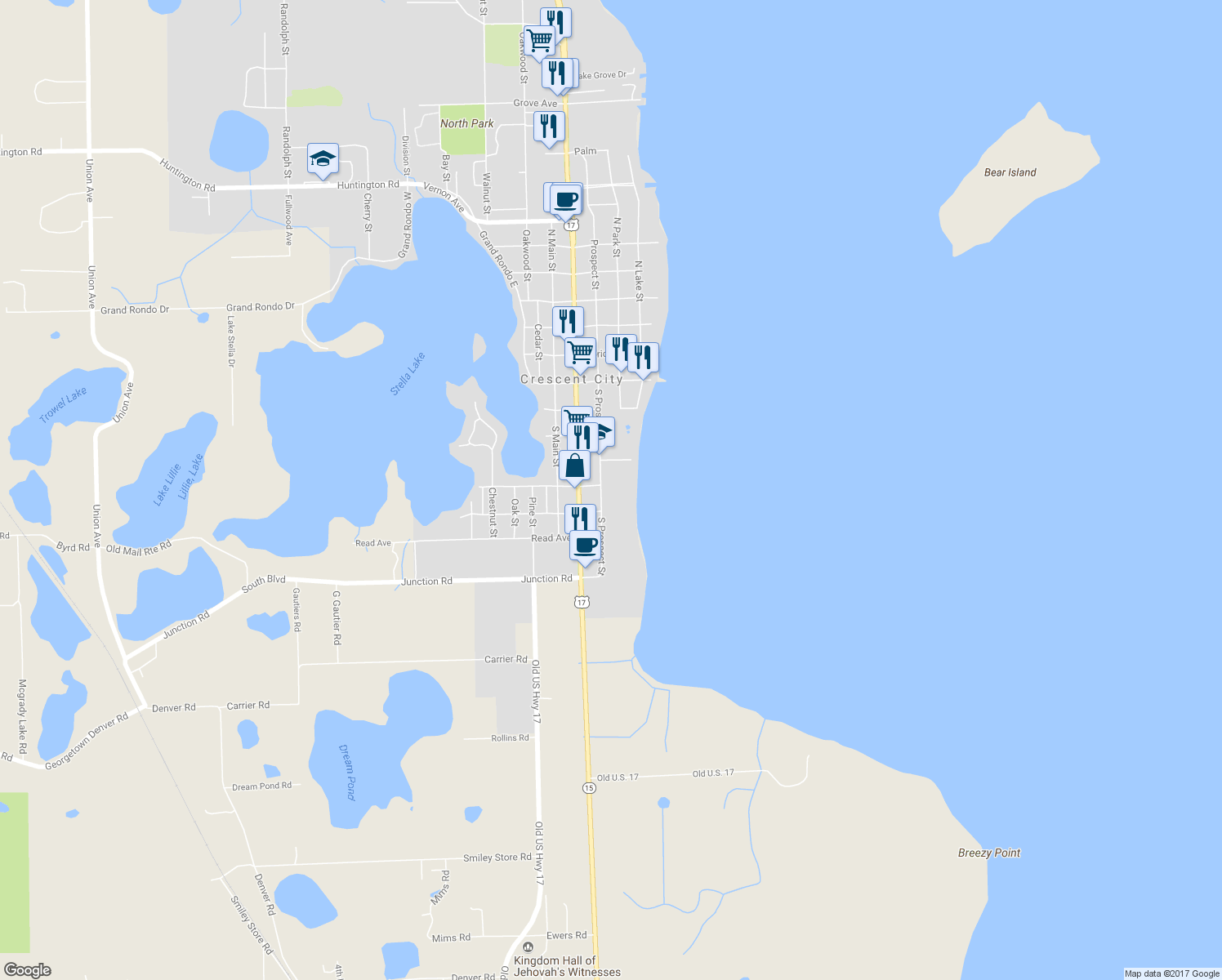 map of restaurants, bars, coffee shops, grocery stores, and more near 301 South Prospect Street in Crescent City