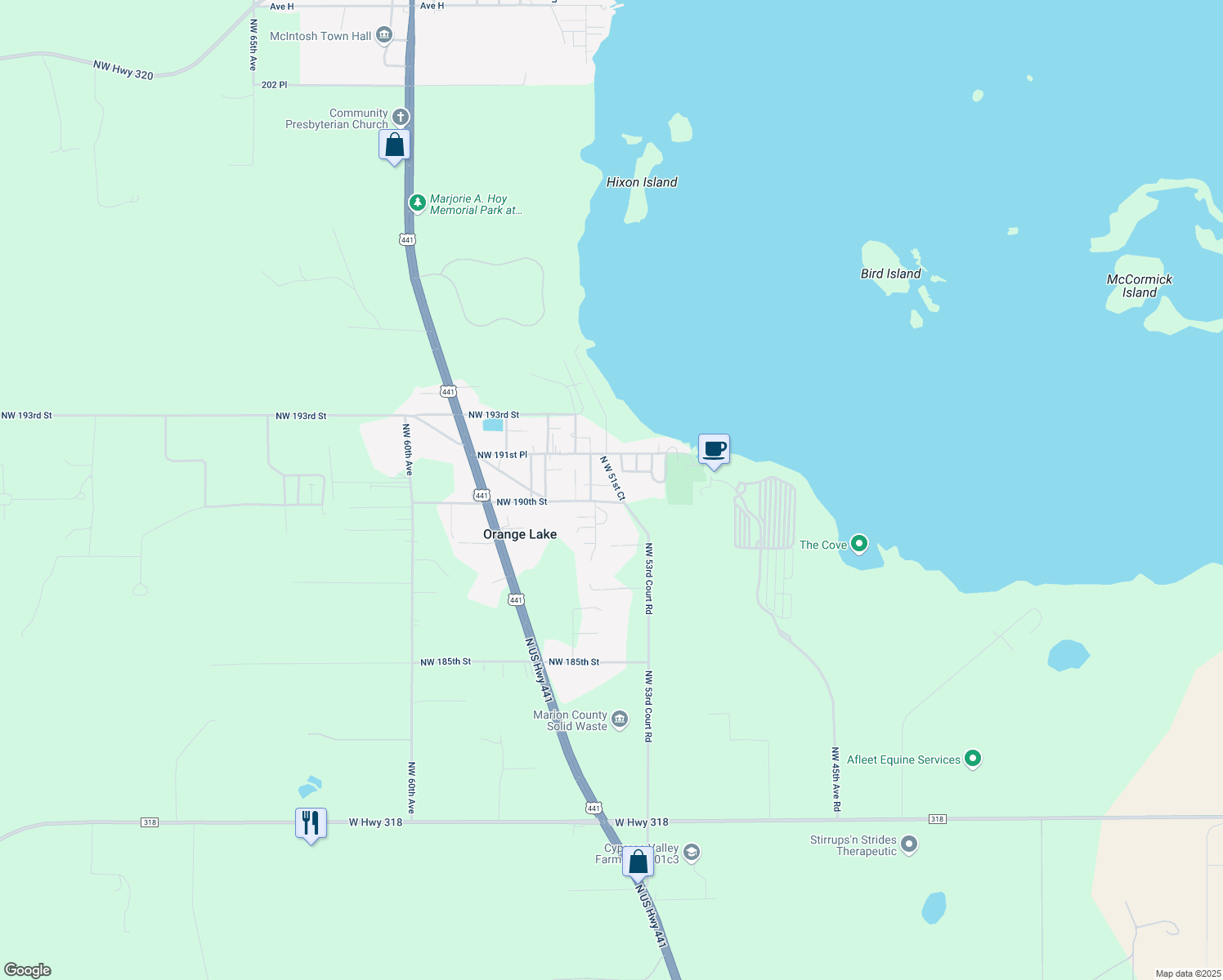 map of restaurants, bars, coffee shops, grocery stores, and more near 19030 Northwest 53rd Court Road in Reddick