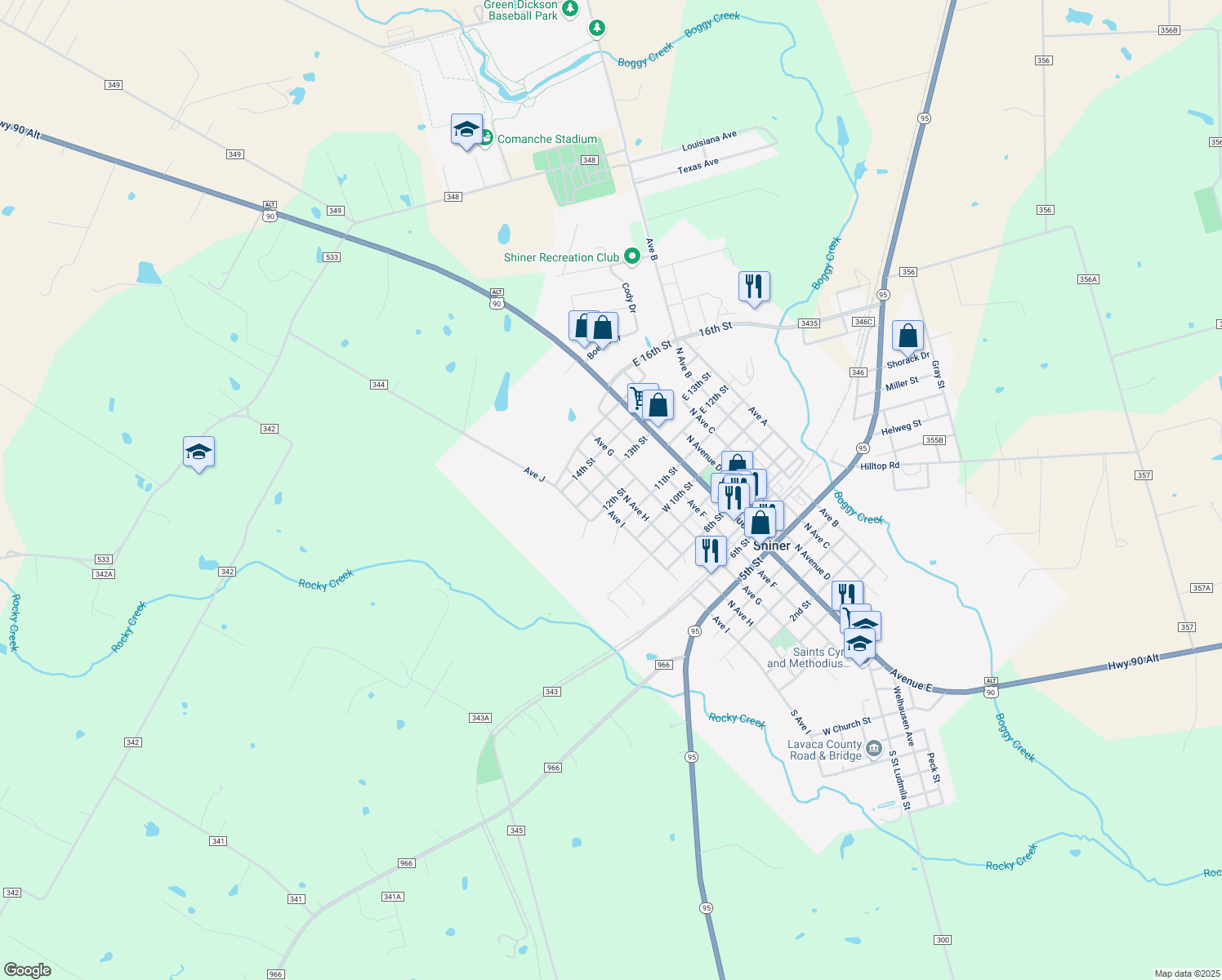 map of restaurants, bars, coffee shops, grocery stores, and more near 1208 North Avenue H in Shiner