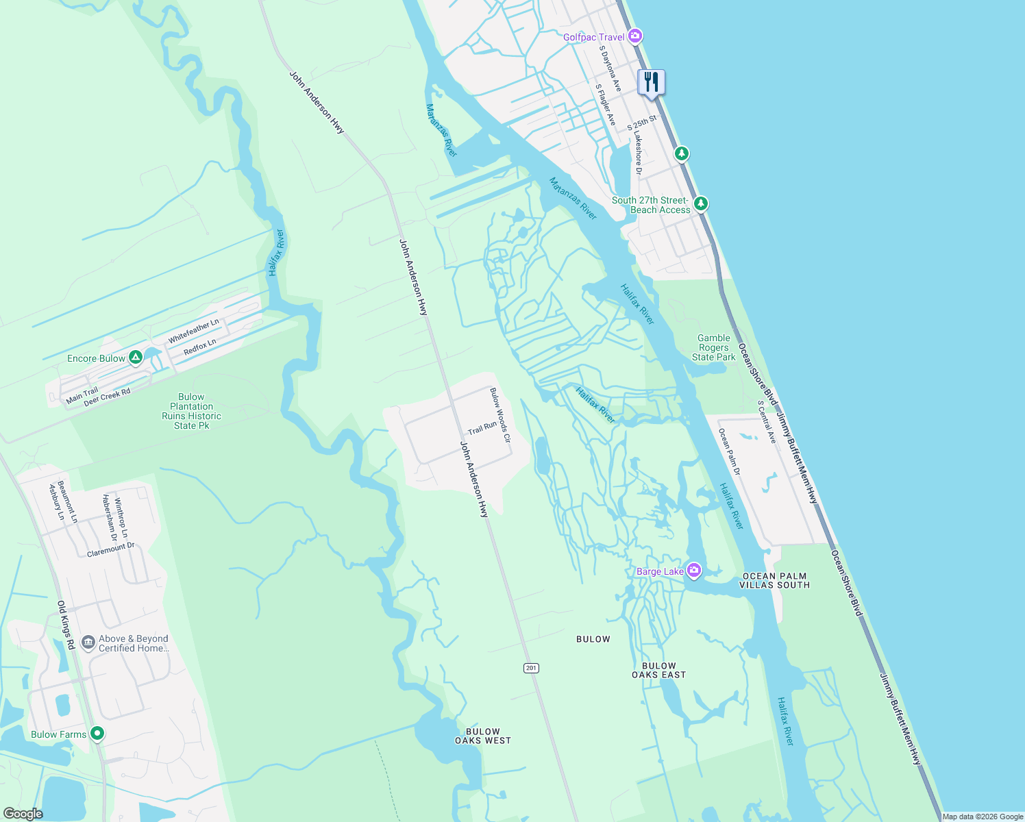 map of restaurants, bars, coffee shops, grocery stores, and more near 25 Bulow Woods Circle in Flagler Beach