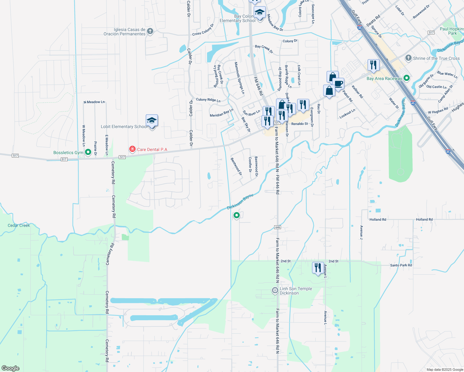 map of restaurants, bars, coffee shops, grocery stores, and more near 1070 Brigid Court in Dickinson
