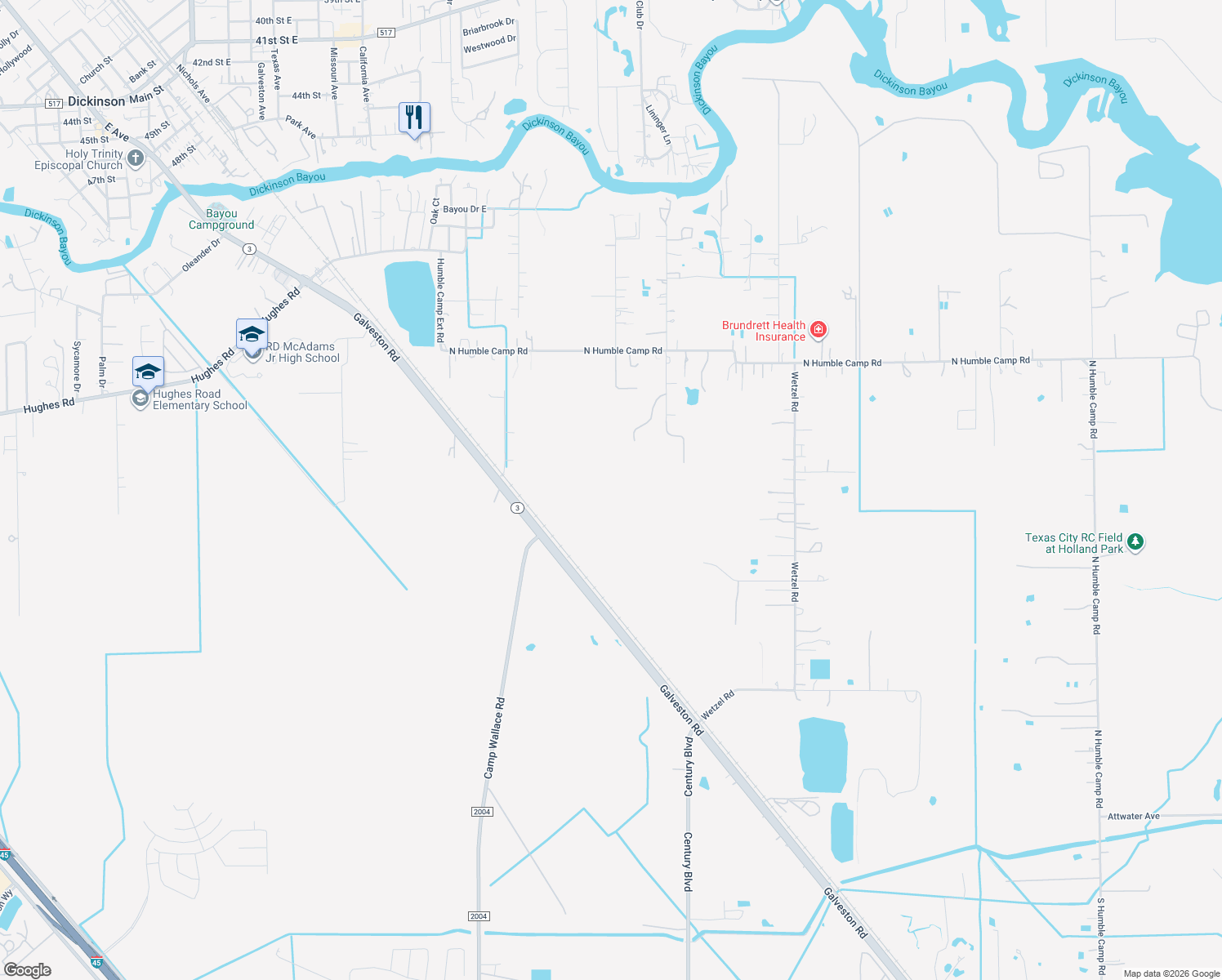 map of restaurants, bars, coffee shops, grocery stores, and more near 8211 Deats Ln in Dickinson
