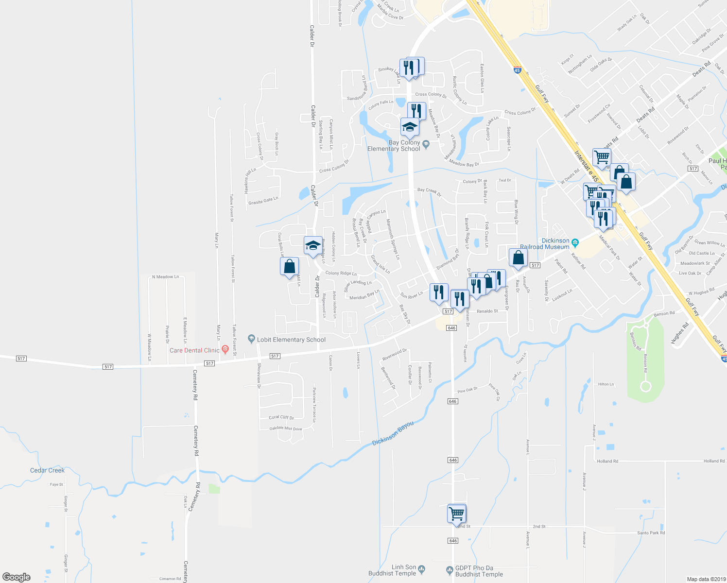 map of restaurants, bars, coffee shops, grocery stores, and more near 2918 Meridian Bay Ln in Dickinson