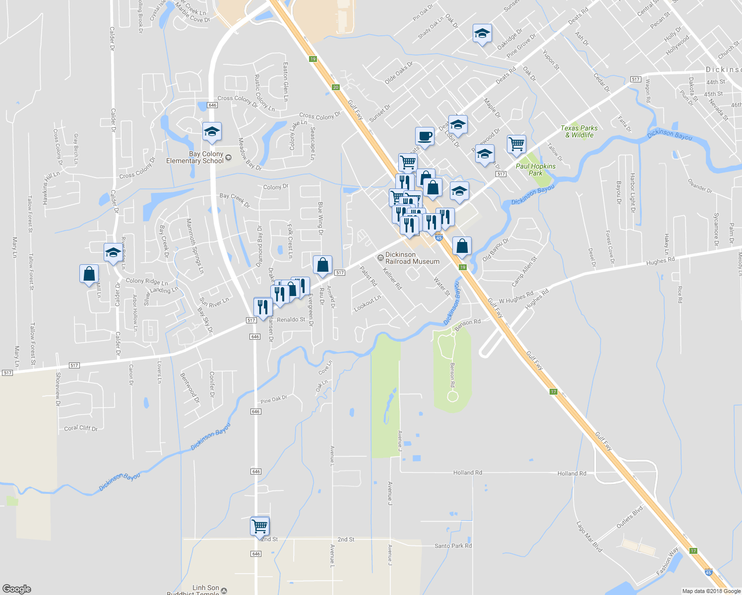 map of restaurants, bars, coffee shops, grocery stores, and more near 408 Lookout Lane in Dickinson