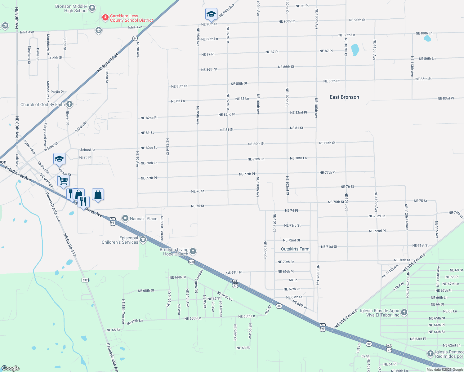 map of restaurants, bars, coffee shops, grocery stores, and more near 9791 Northeast 76 Street in Bronson