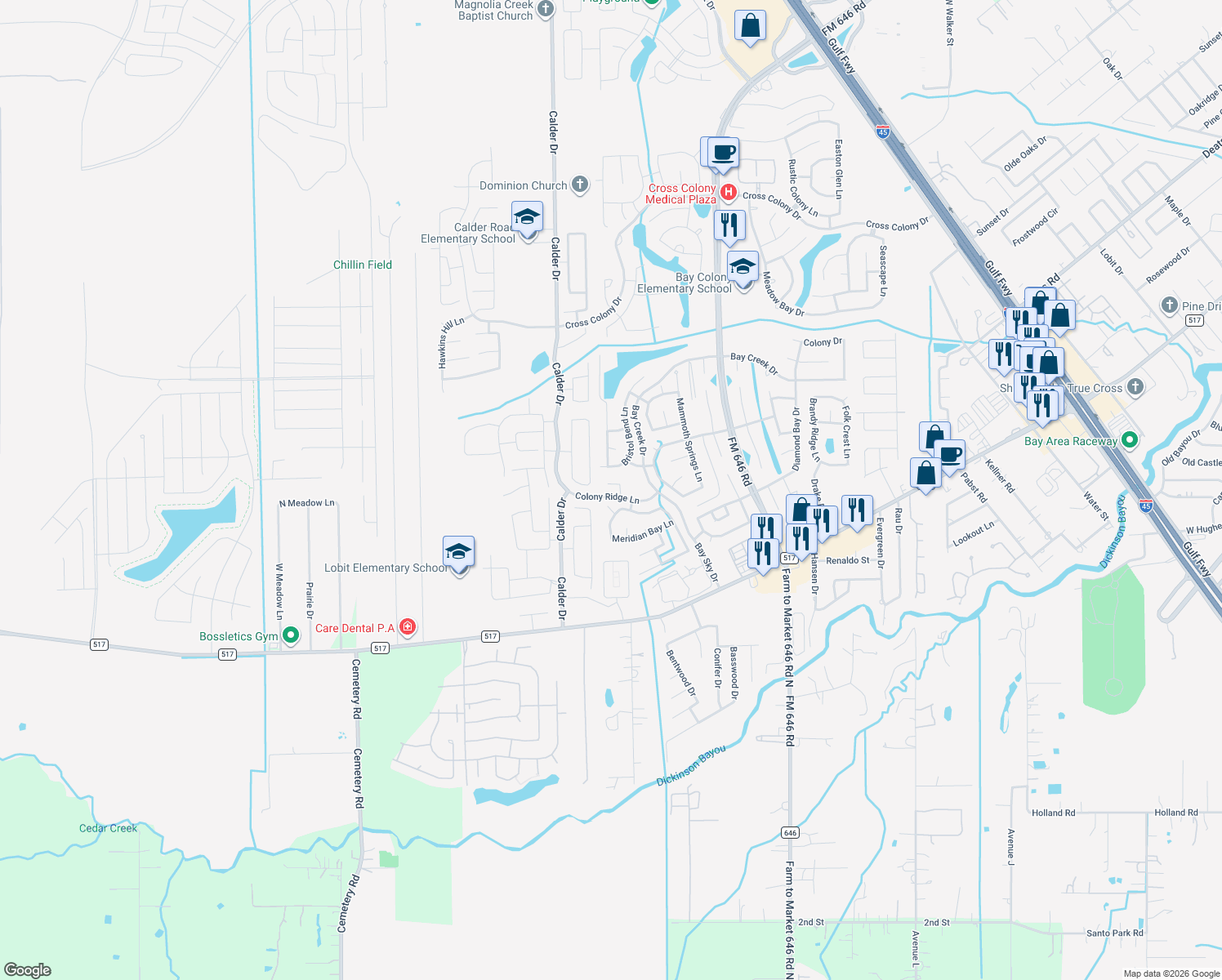 map of restaurants, bars, coffee shops, grocery stores, and more near 2957 Stone Spring Lane in Dickinson