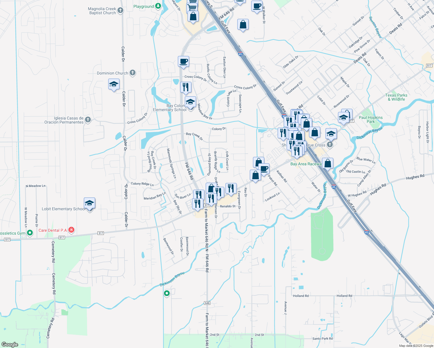 map of restaurants, bars, coffee shops, grocery stores, and more near 249 Drake Run Lane in Dickinson