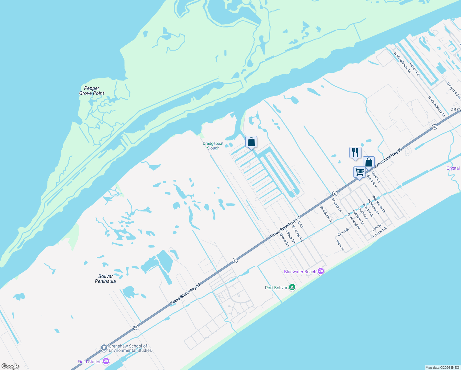 map of restaurants, bars, coffee shops, grocery stores, and more near 1181 North Tinkle Lane in Bolivar Peninsula