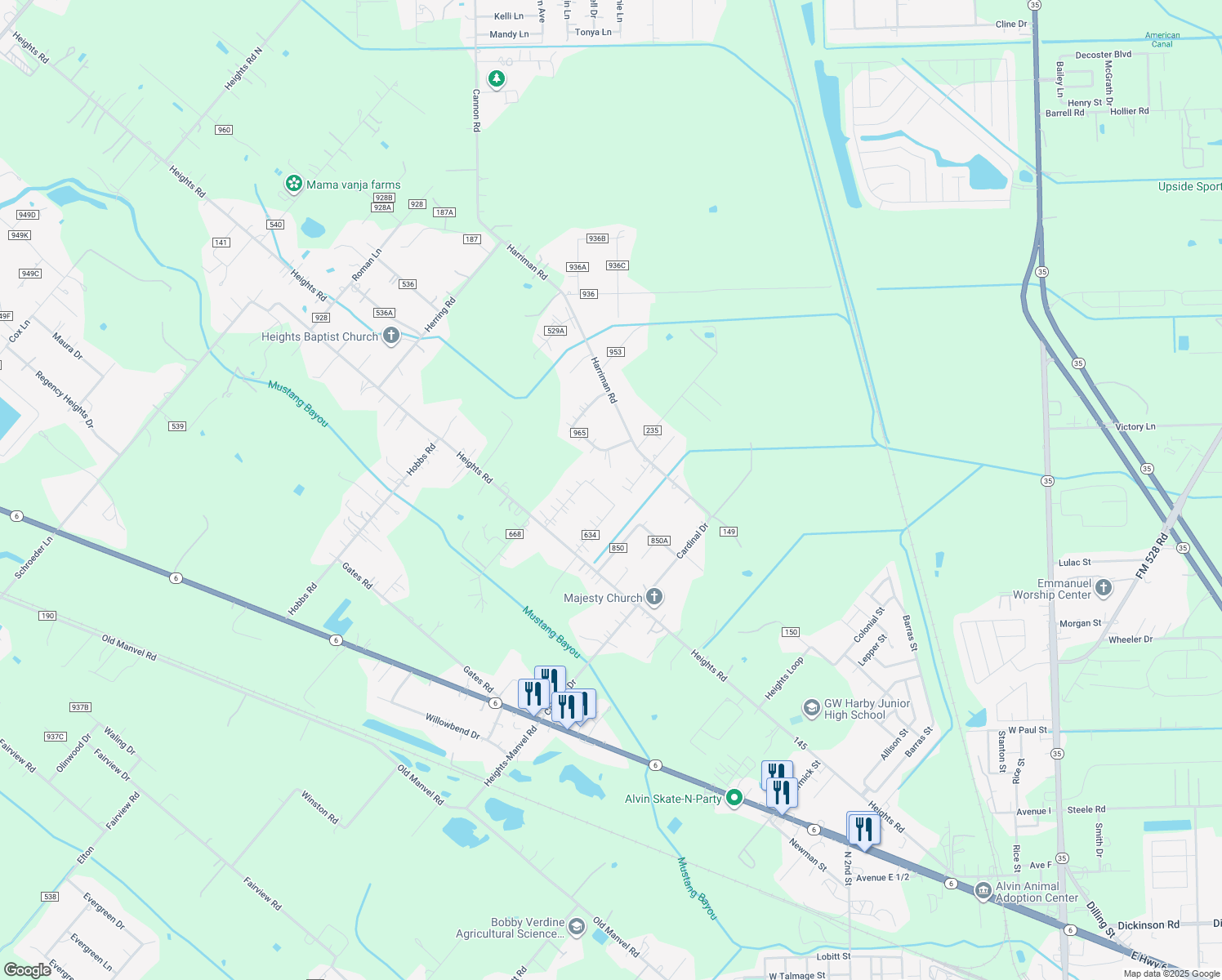 map of restaurants, bars, coffee shops, grocery stores, and more near 1233 County Road 634 in Alvin