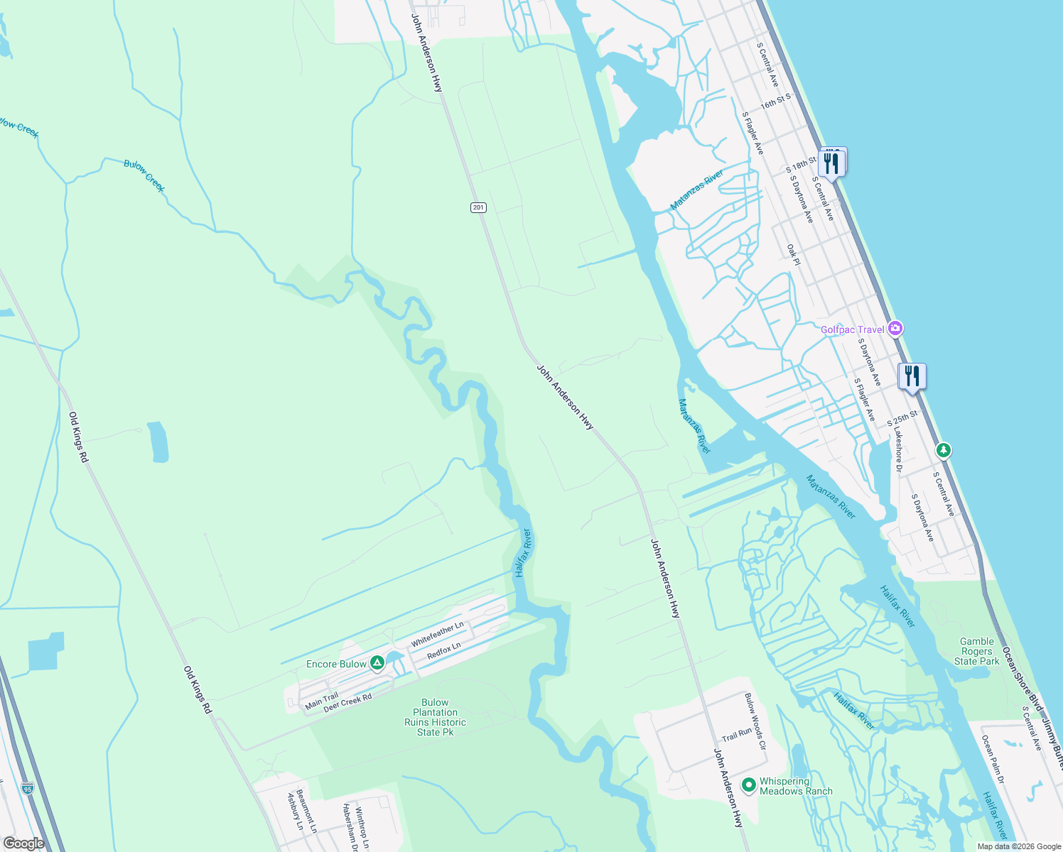 map of restaurants, bars, coffee shops, grocery stores, and more near 1940 John Anderson Highway in Flagler Beach