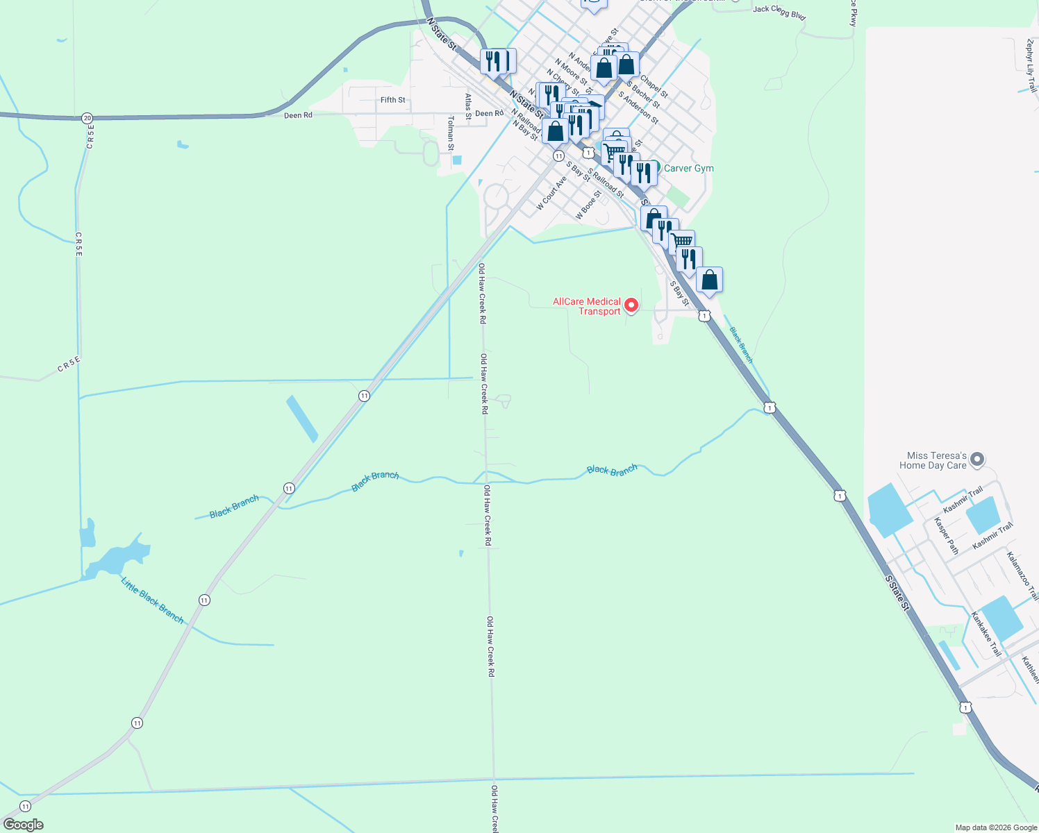 map of restaurants, bars, coffee shops, grocery stores, and more near 597 Old Haw Creek Road in Bunnell