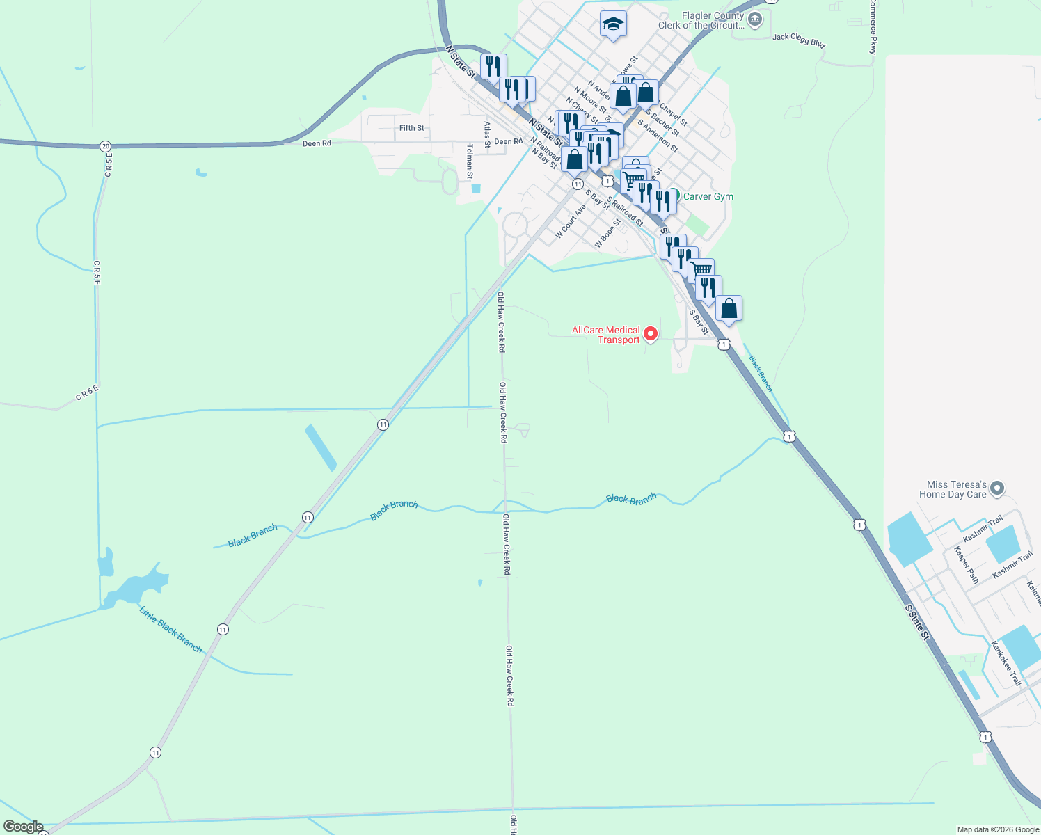 map of restaurants, bars, coffee shops, grocery stores, and more near 525 Old Haw Creek Road in Bunnell