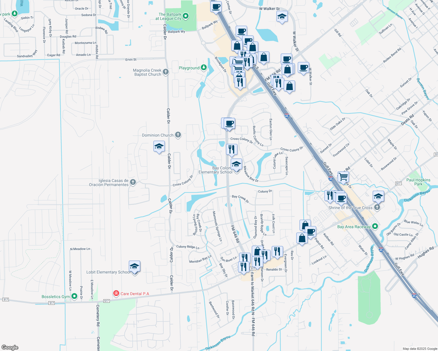 map of restaurants, bars, coffee shops, grocery stores, and more near 136 Bending Brook Ln in Dickinson