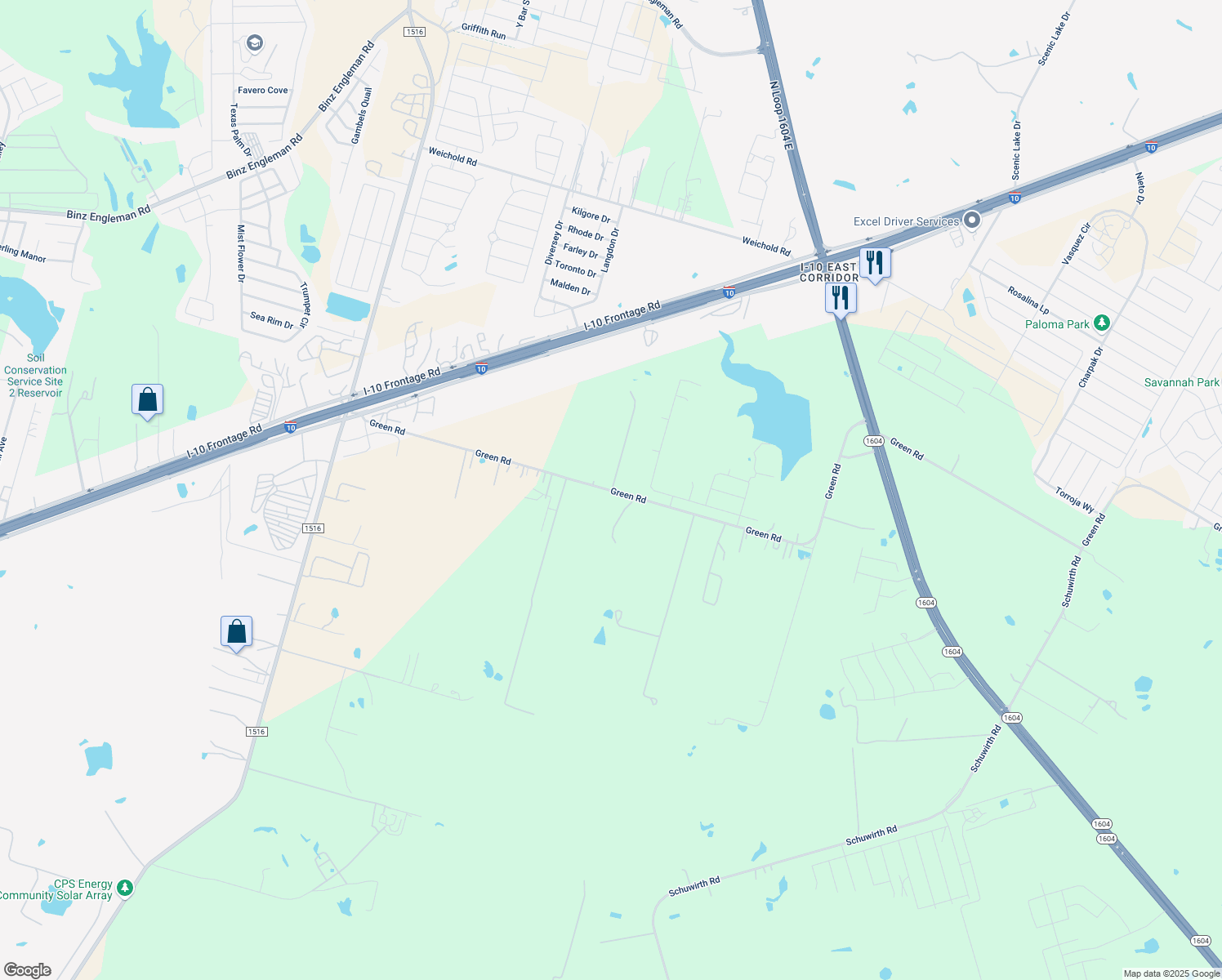 map of restaurants, bars, coffee shops, grocery stores, and more near 9213 Green Road in Converse