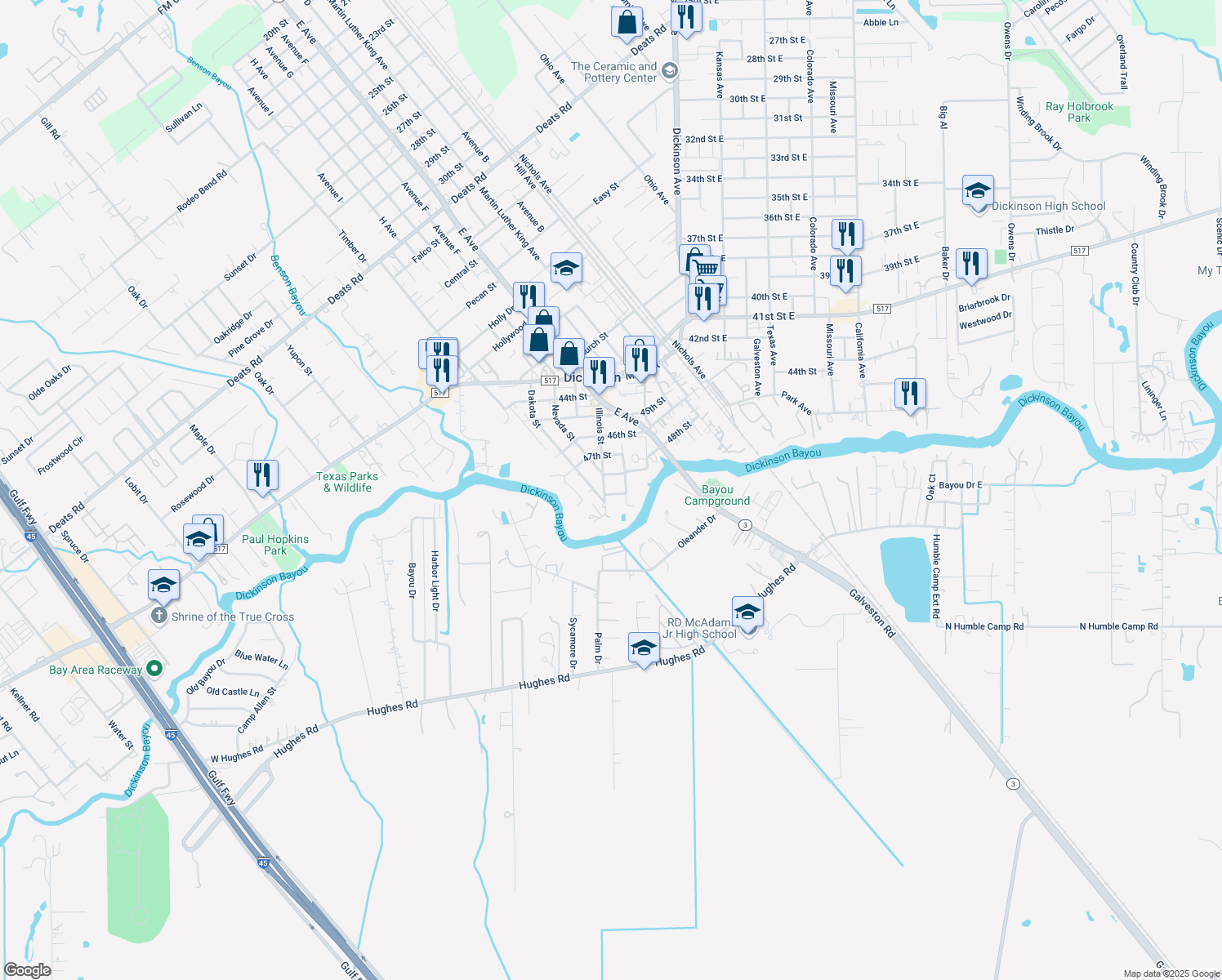 map of restaurants, bars, coffee shops, grocery stores, and more near 2705 49th St in Dickinson