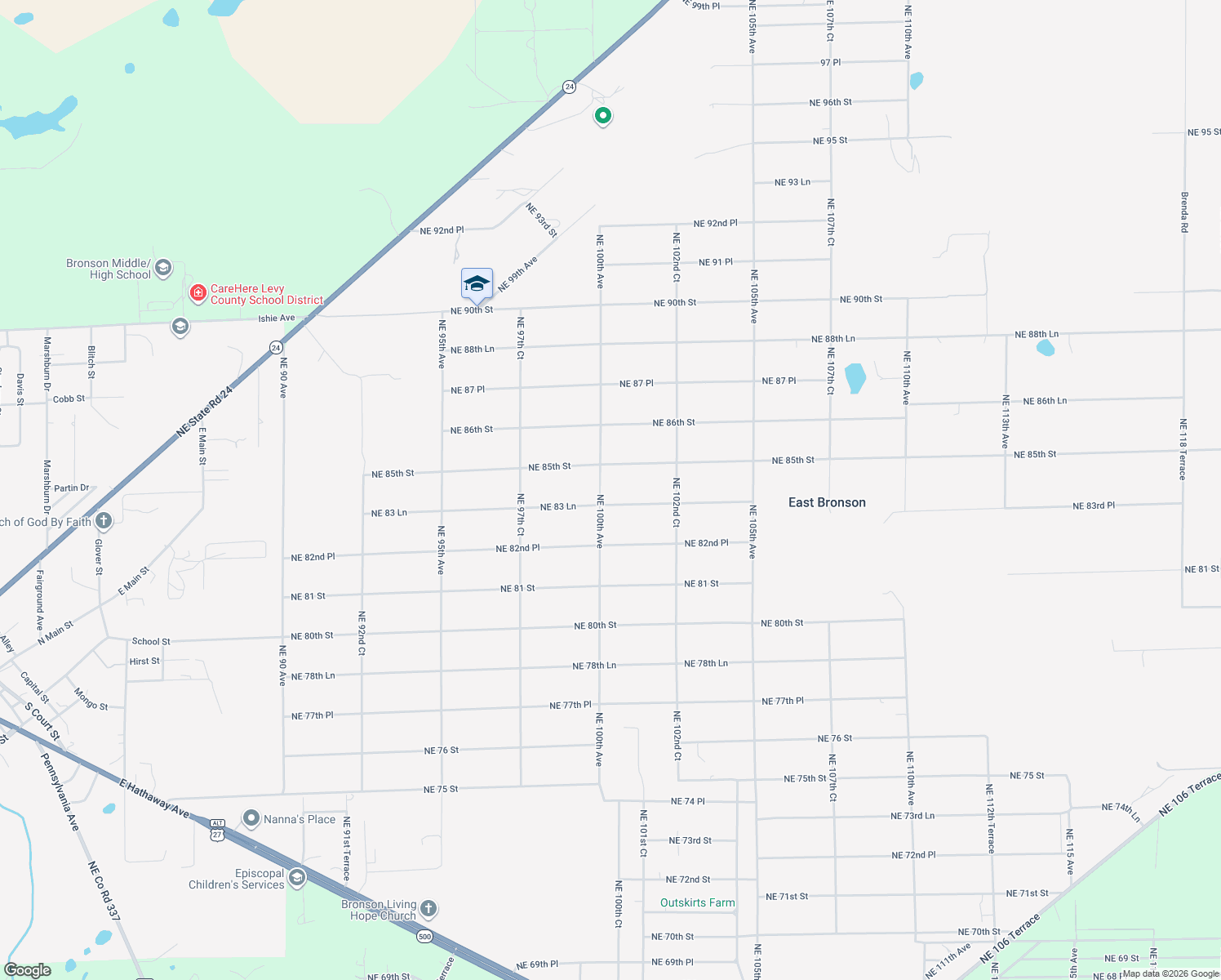 map of restaurants, bars, coffee shops, grocery stores, and more near 8431 Northeast 100th Avenue in Bronson