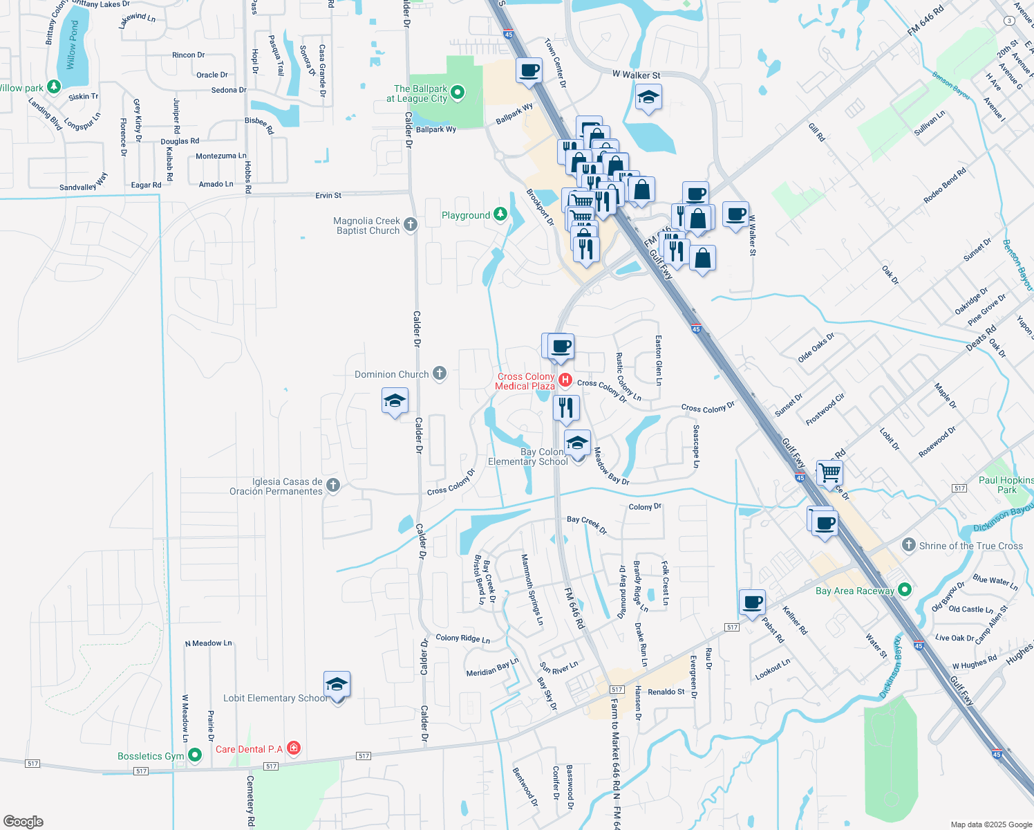 map of restaurants, bars, coffee shops, grocery stores, and more near 2866 Cool Spring Ln in Dickinson