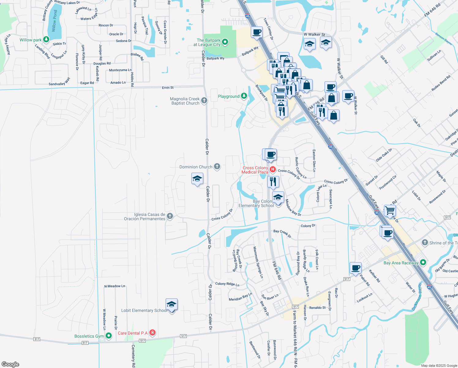map of restaurants, bars, coffee shops, grocery stores, and more near 142 Avery Springs Lane in Dickinson