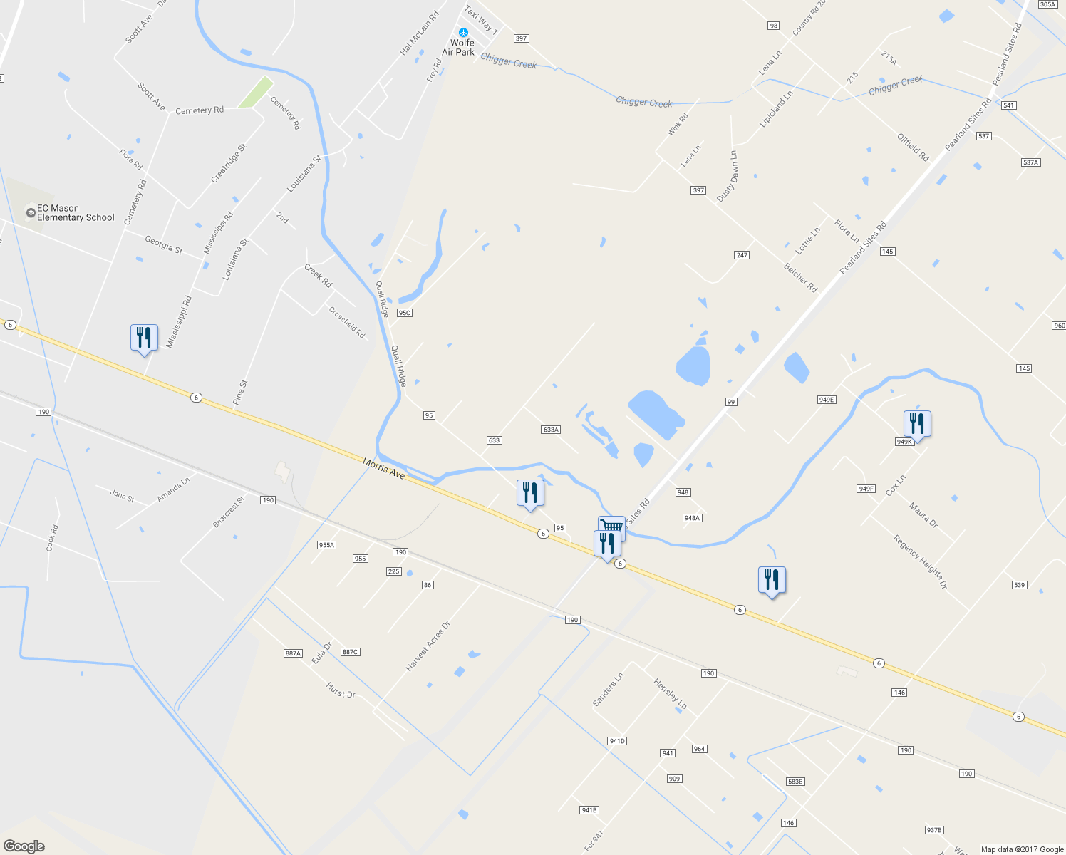 map of restaurants, bars, coffee shops, grocery stores, and more near 9210 Lee Lane in Manvel