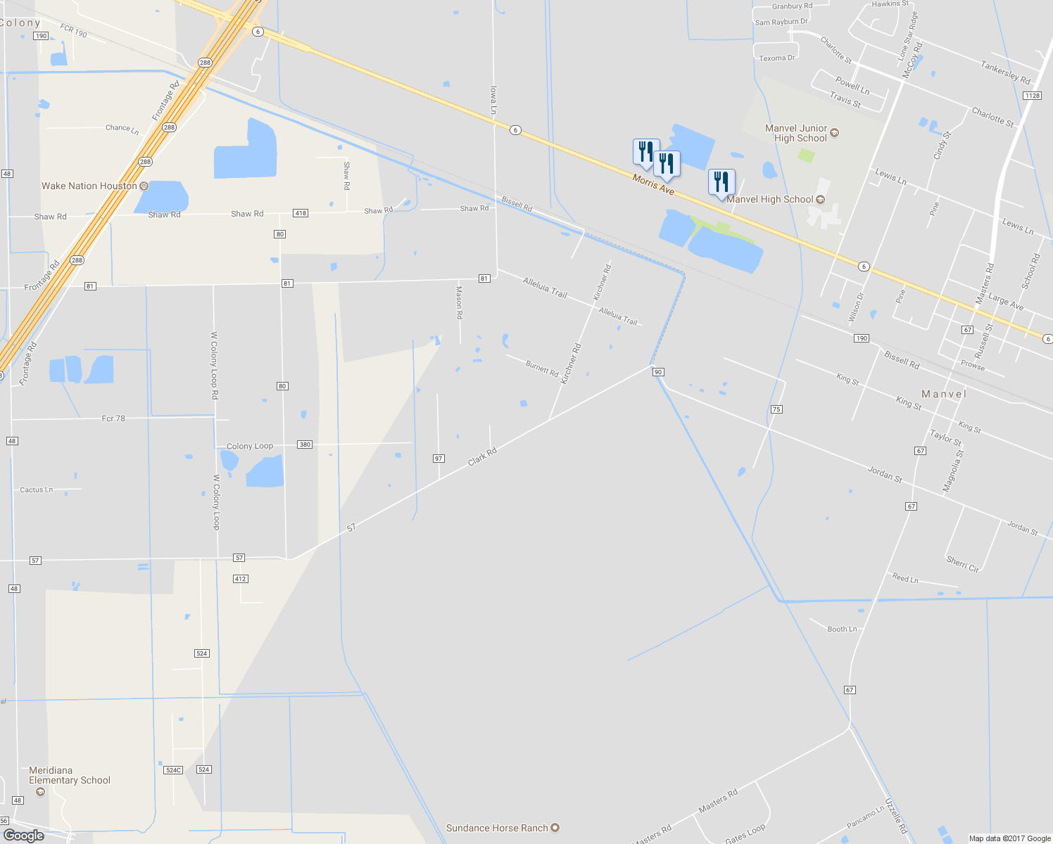 map of restaurants, bars, coffee shops, grocery stores, and more near 5907 Clark Road in Manvel