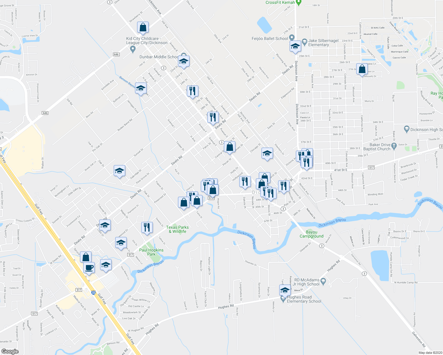 map of restaurants, bars, coffee shops, grocery stores, and more near 2309 Holly Drive in Dickinson