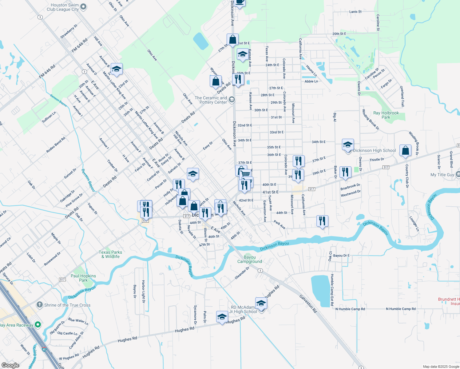 map of restaurants, bars, coffee shops, grocery stores, and more near 4006 Victoria Ave in Dickinson