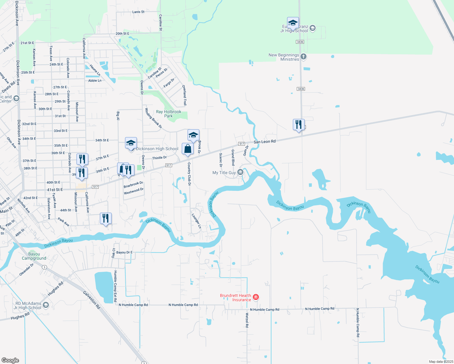 map of restaurants, bars, coffee shops, grocery stores, and more near 4220 Scenic Drive in Dickinson