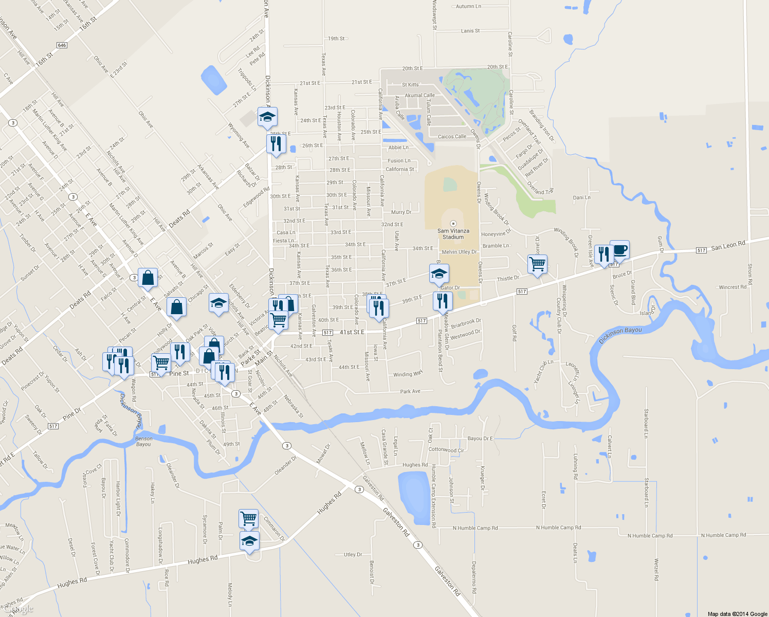 map of restaurants, bars, coffee shops, grocery stores, and more near 3909 California Ave in Dickinson
