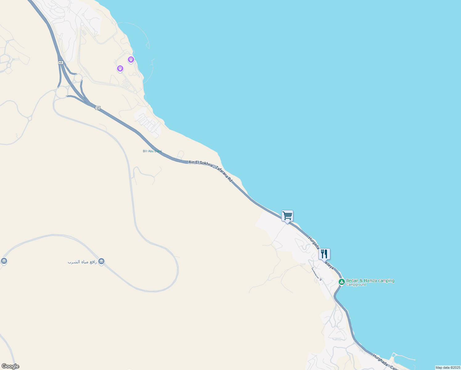 map of restaurants, bars, coffee shops, grocery stores, and more near 50 Ain El Sokhna - Zafarana Road in Attaka