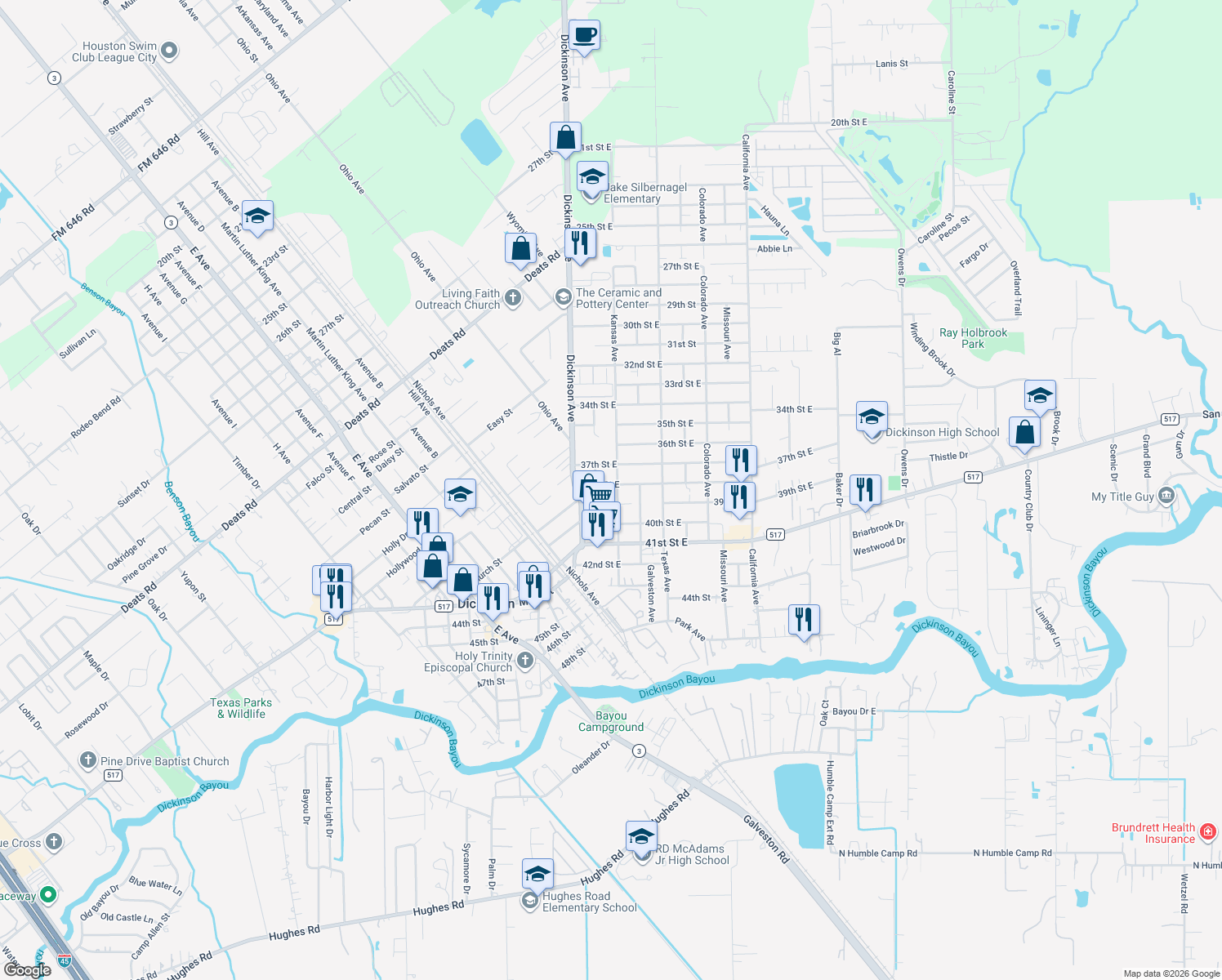map of restaurants, bars, coffee shops, grocery stores, and more near 4308 38th Street East in Dickinson