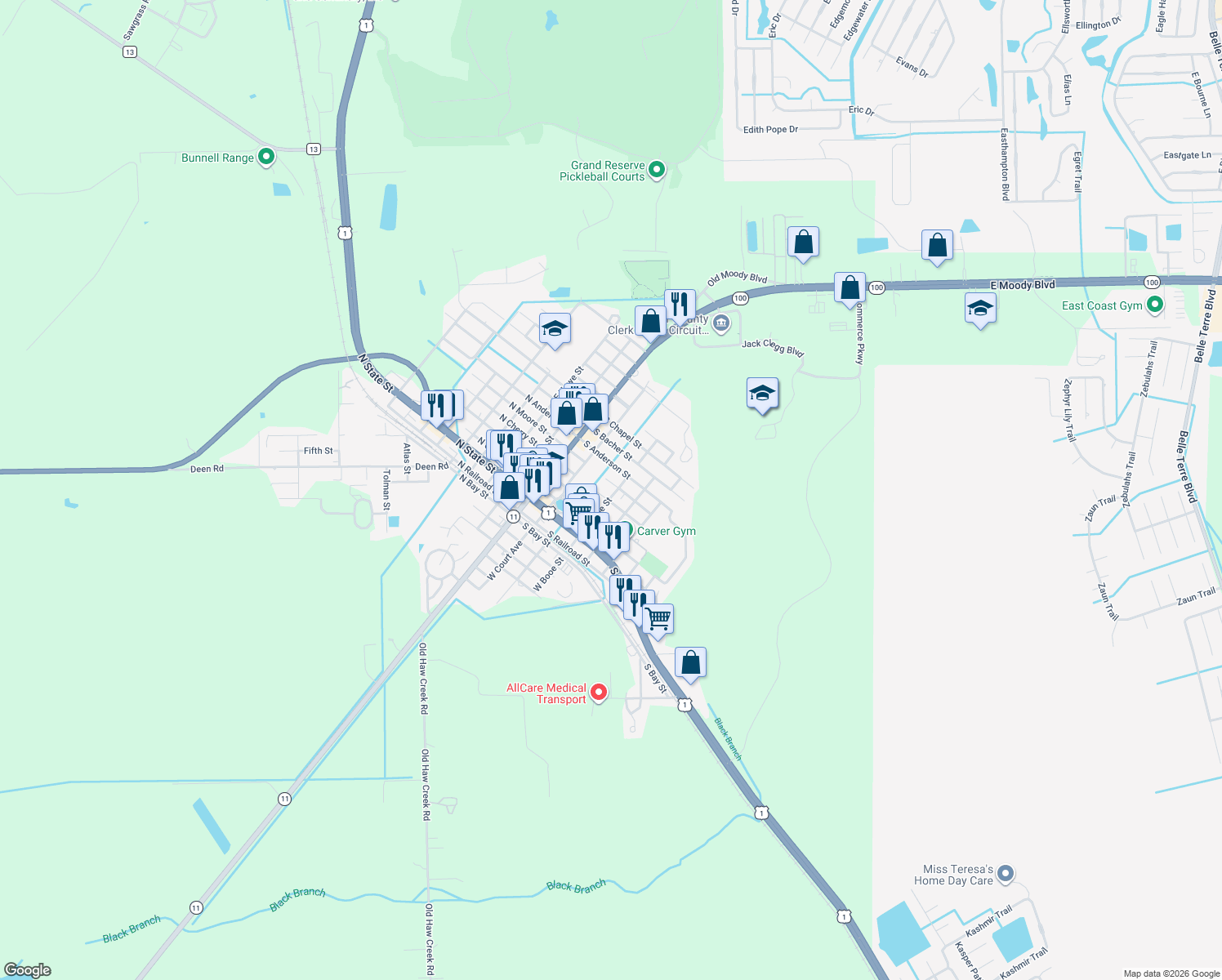map of restaurants, bars, coffee shops, grocery stores, and more near 404 East Booe Street in Bunnell