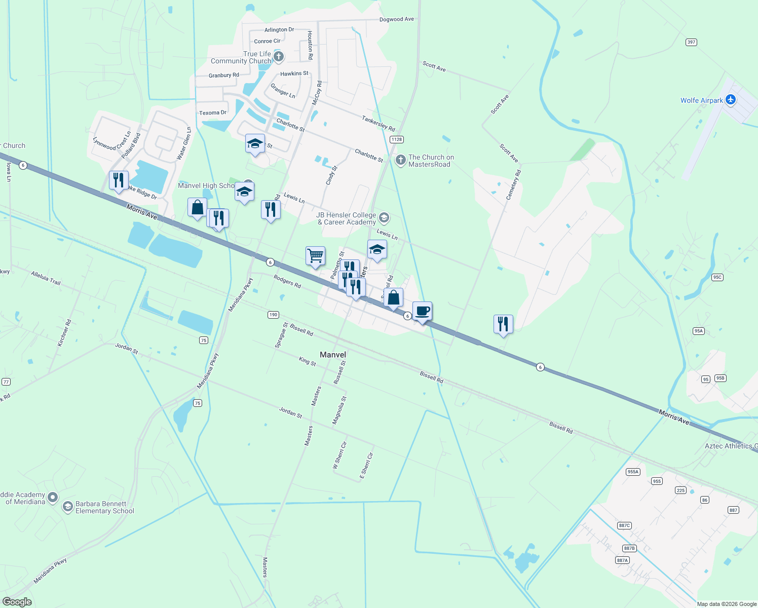 map of restaurants, bars, coffee shops, grocery stores, and more near 20310 Highway 6 in Manvel