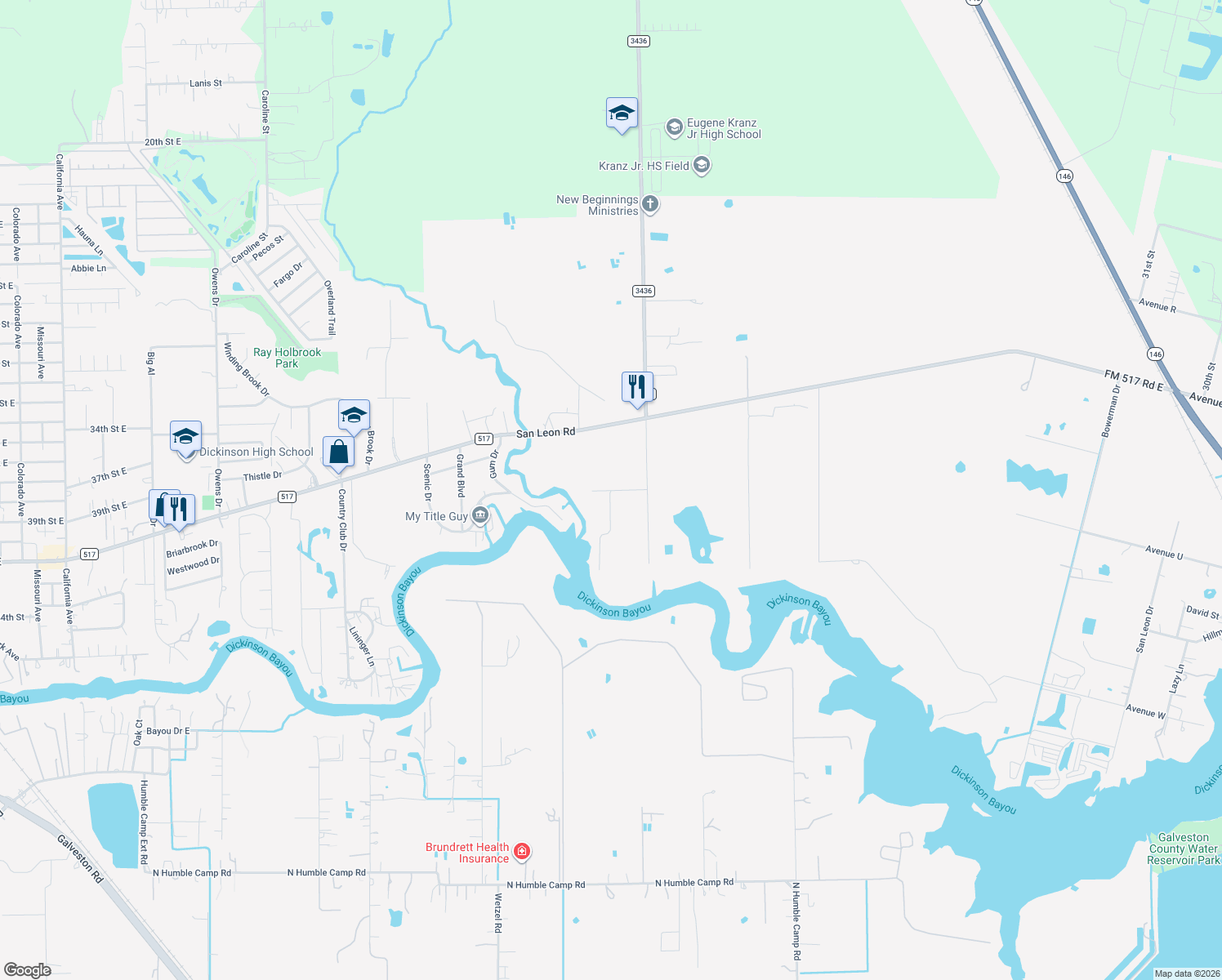 map of restaurants, bars, coffee shops, grocery stores, and more near 11601 Wincrest Road in Dickinson