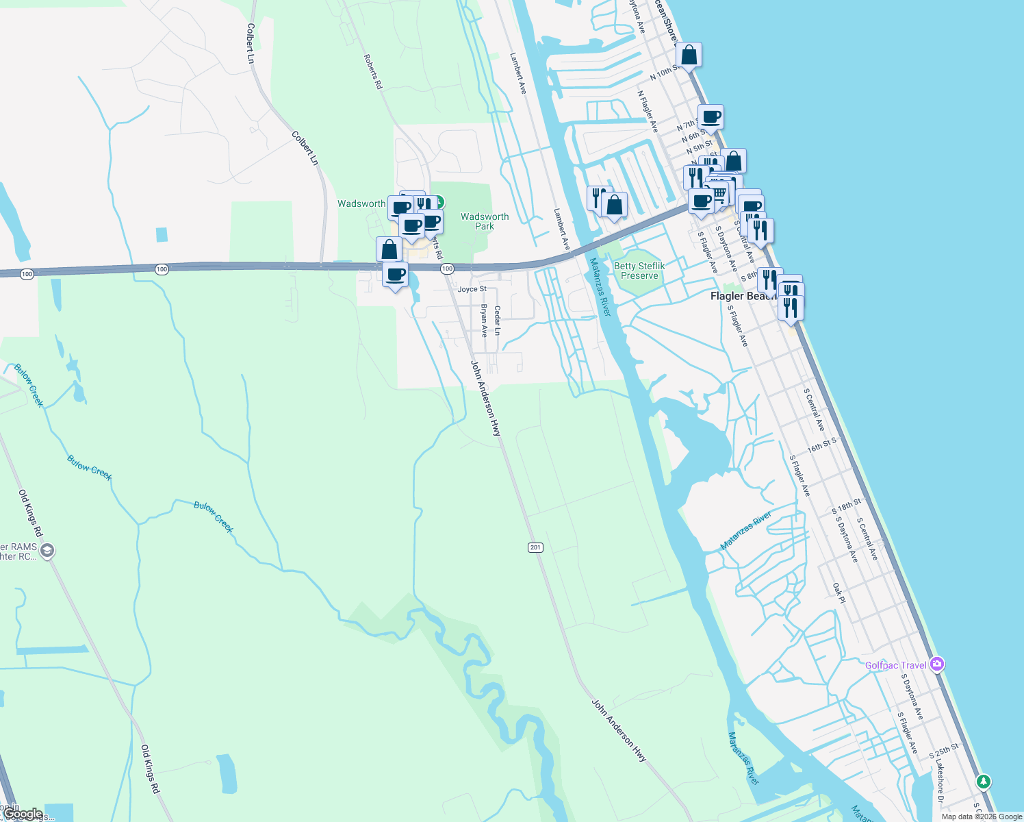 map of restaurants, bars, coffee shops, grocery stores, and more near 711 John Anderson Highway in Flagler Beach