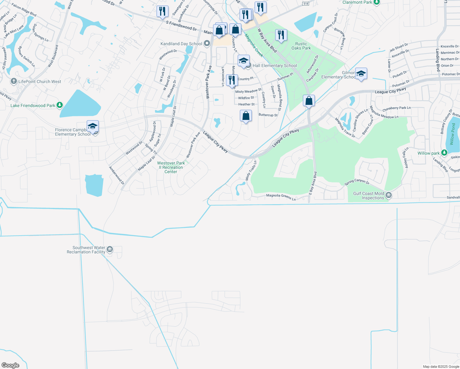 map of restaurants, bars, coffee shops, grocery stores, and more near 5752 Spring Haven Court in League City