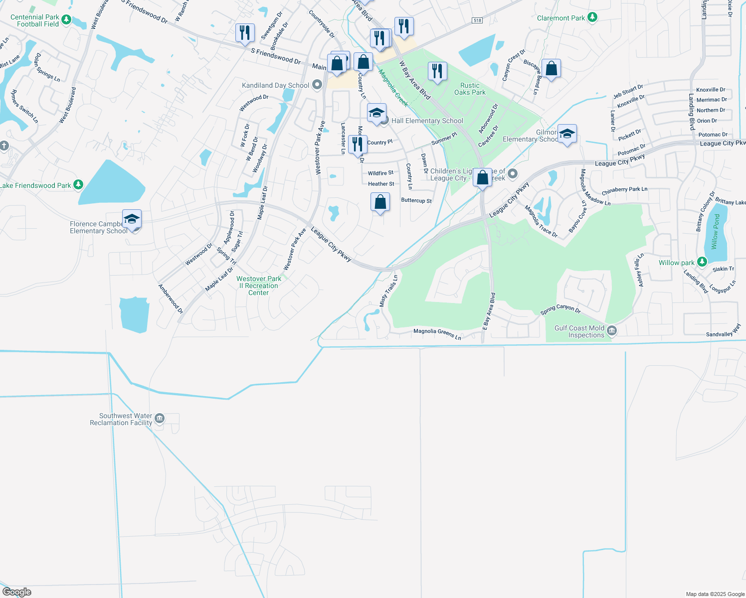 map of restaurants, bars, coffee shops, grocery stores, and more near 1113 Morning Creek Ln in League City