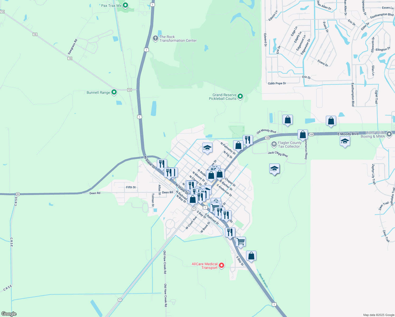 map of restaurants, bars, coffee shops, grocery stores, and more near 702 E Magnolia St in Bunnell