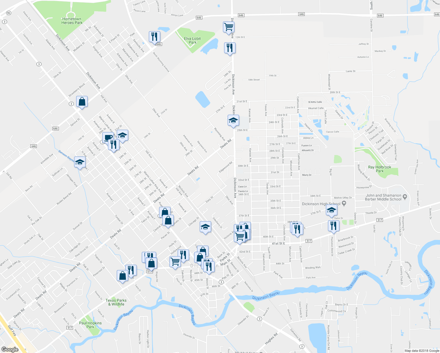 map of restaurants, bars, coffee shops, grocery stores, and more near 3210 Acorn Circle in Dickinson