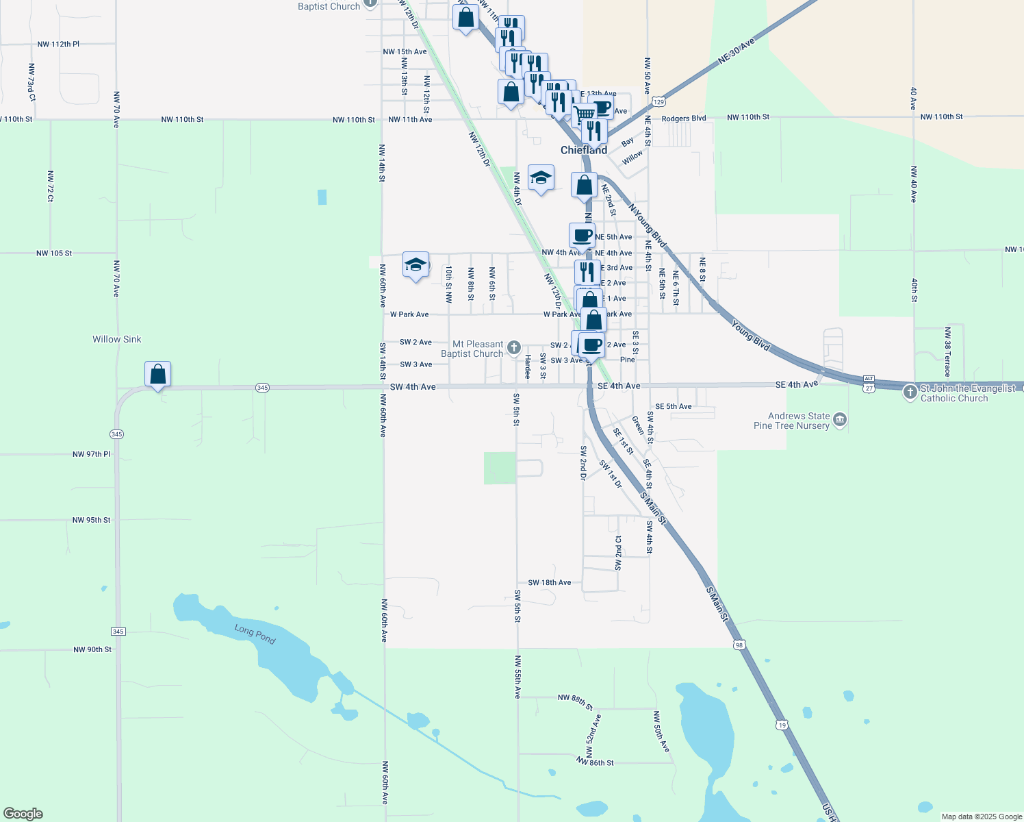 map of restaurants, bars, coffee shops, grocery stores, and more near 610 Southwest 5th Street in Chiefland