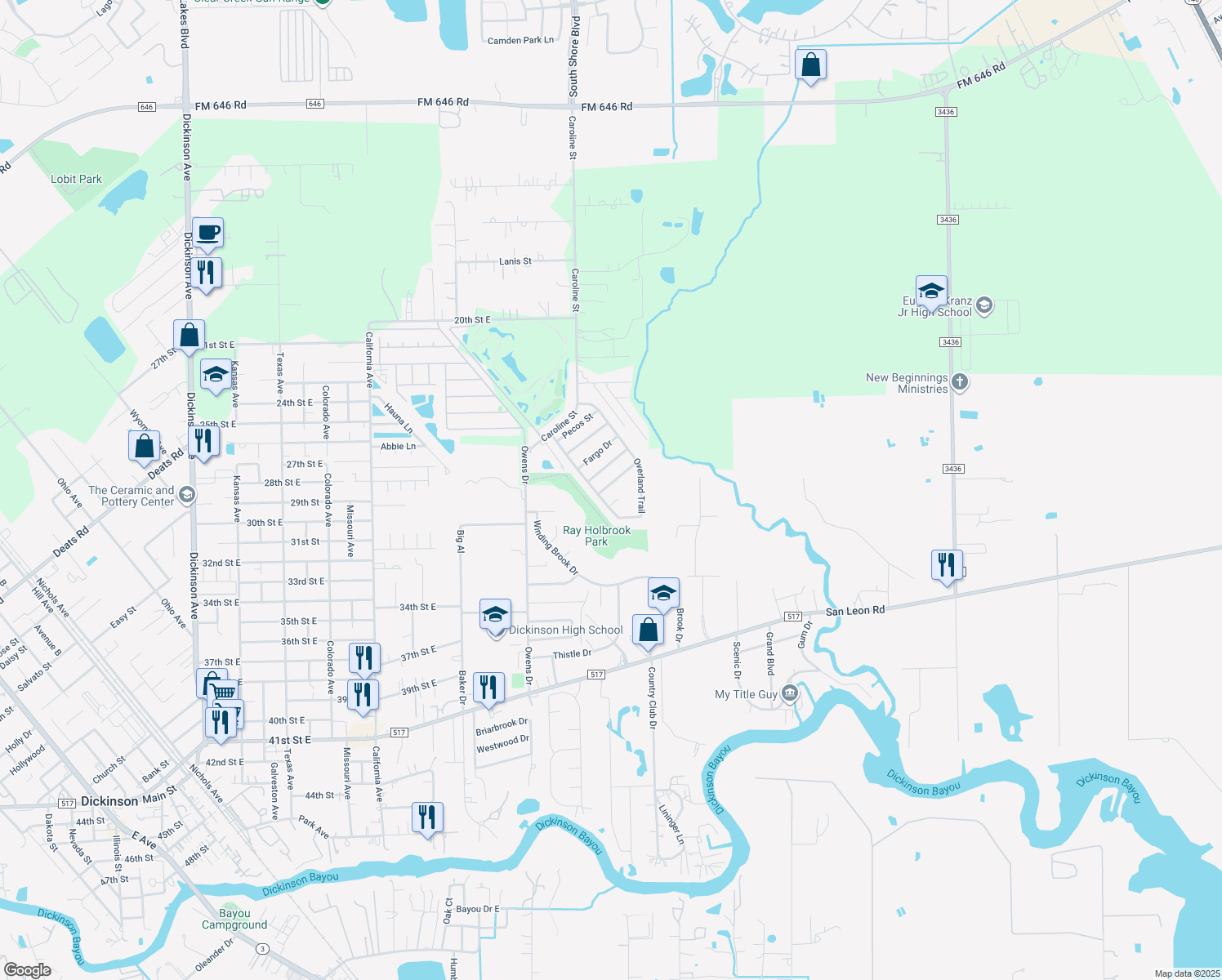 map of restaurants, bars, coffee shops, grocery stores, and more near 5810 Red River Drive in Dickinson