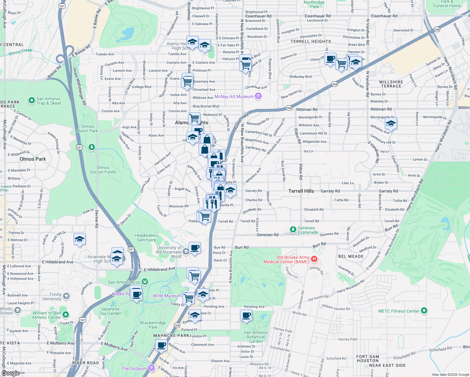 map of restaurants, bars, coffee shops, grocery stores, and more near 209 Grove Place in Alamo Heights