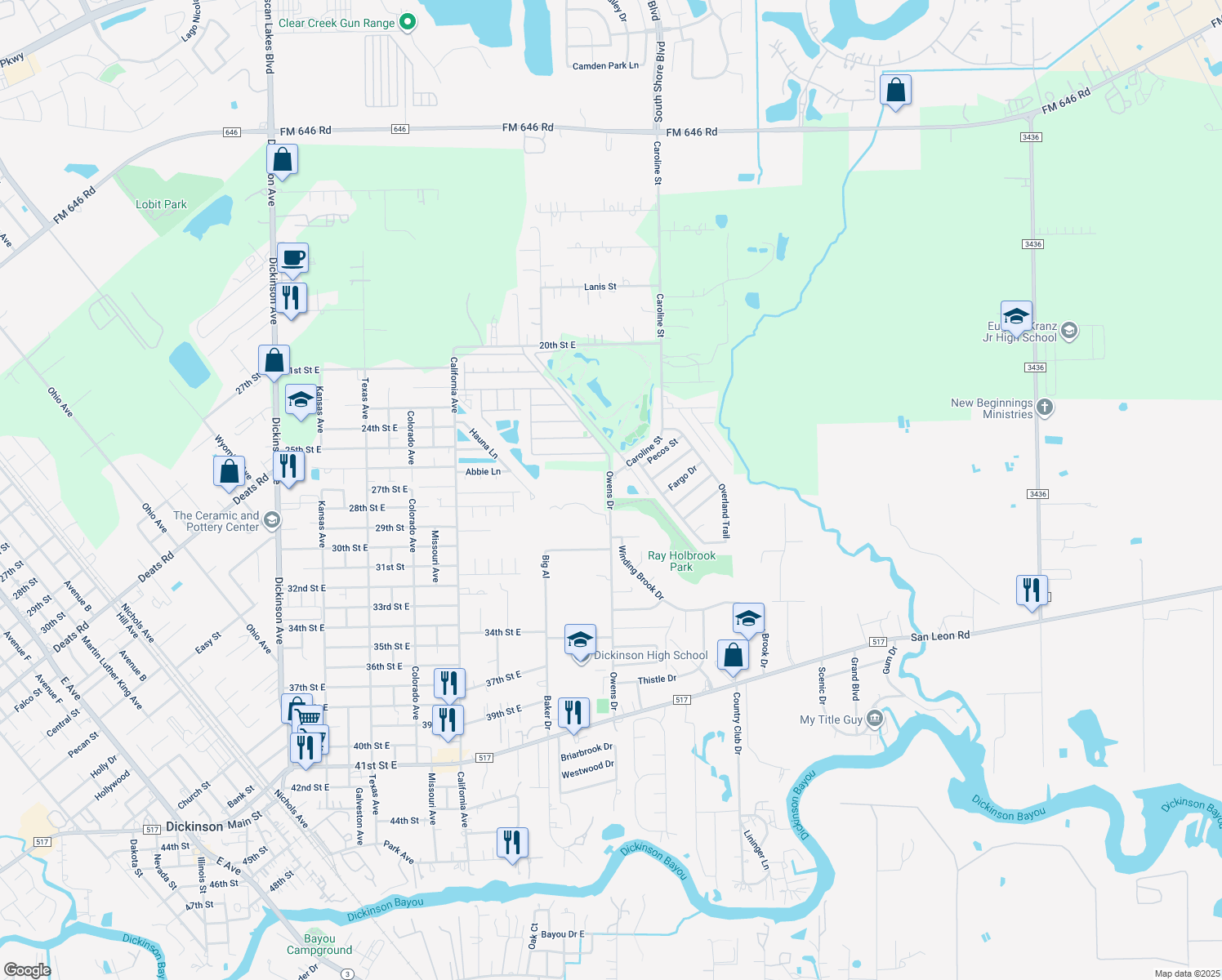 map of restaurants, bars, coffee shops, grocery stores, and more near 2511 Owens Drive in Dickinson