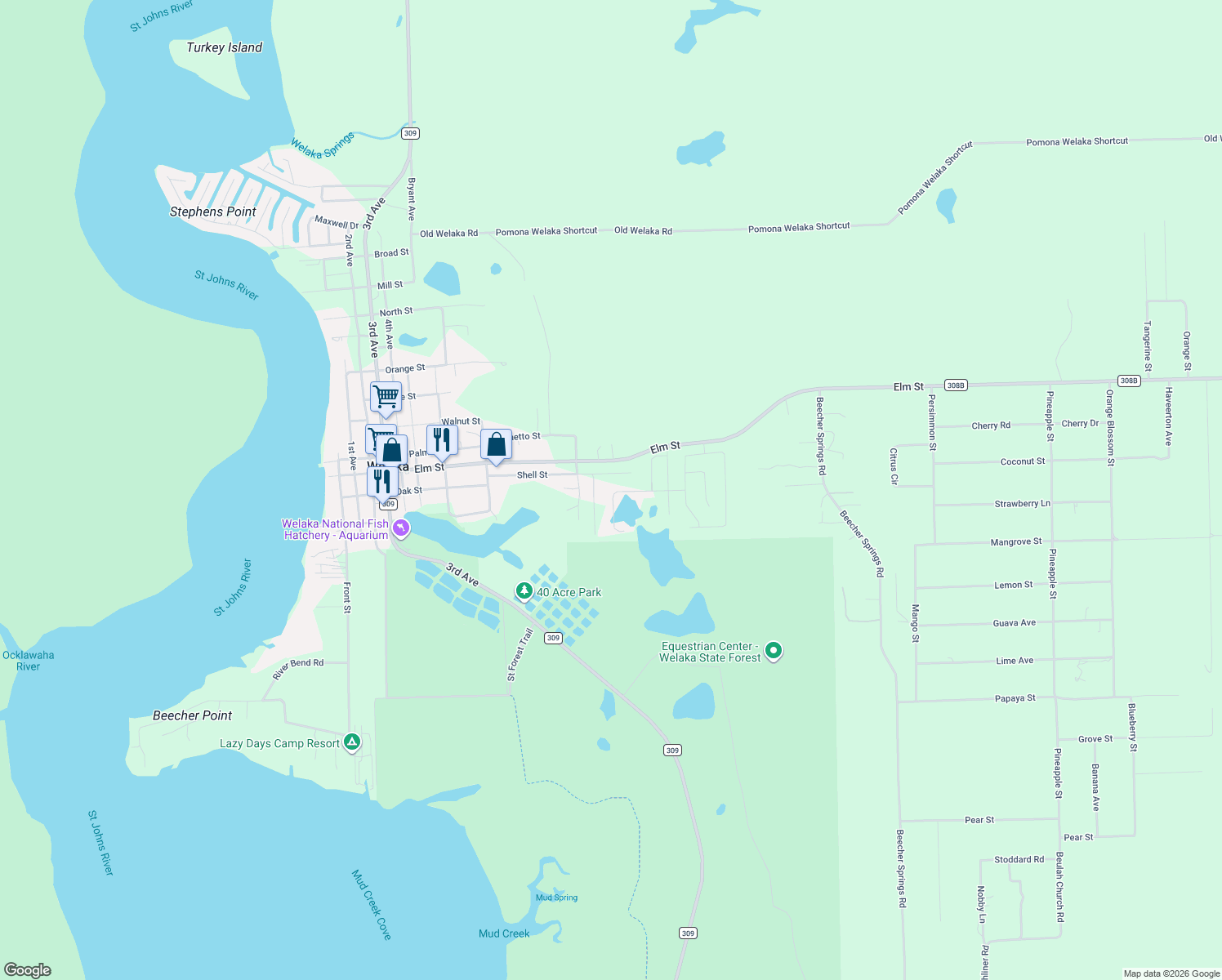 map of restaurants, bars, coffee shops, grocery stores, and more near 220 Oak Ridge Drive in Welaka