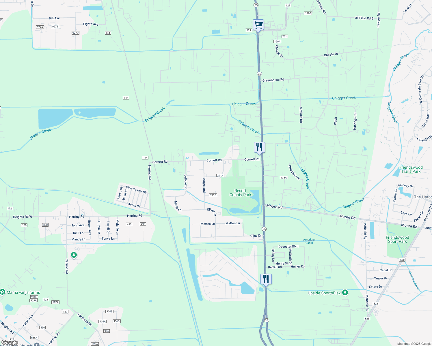 map of restaurants, bars, coffee shops, grocery stores, and more near 232 County Road 291A in Alvin