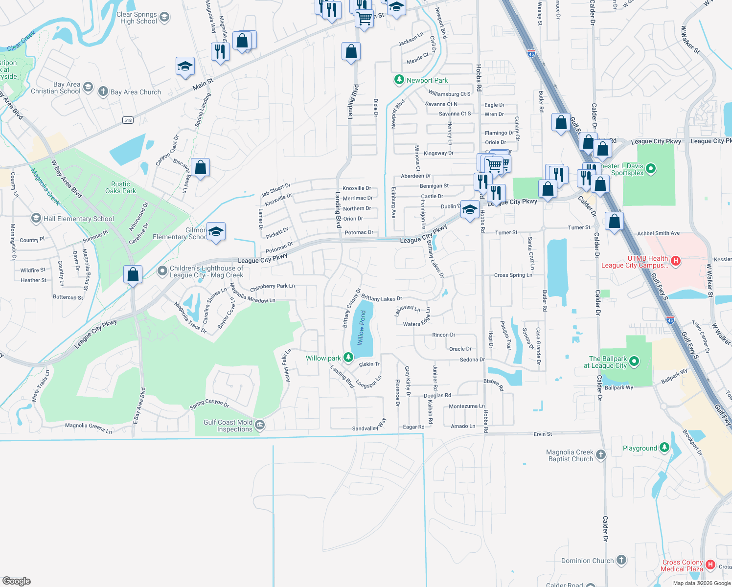 map of restaurants, bars, coffee shops, grocery stores, and more near 2514 Brittany Lakes Dr in League City